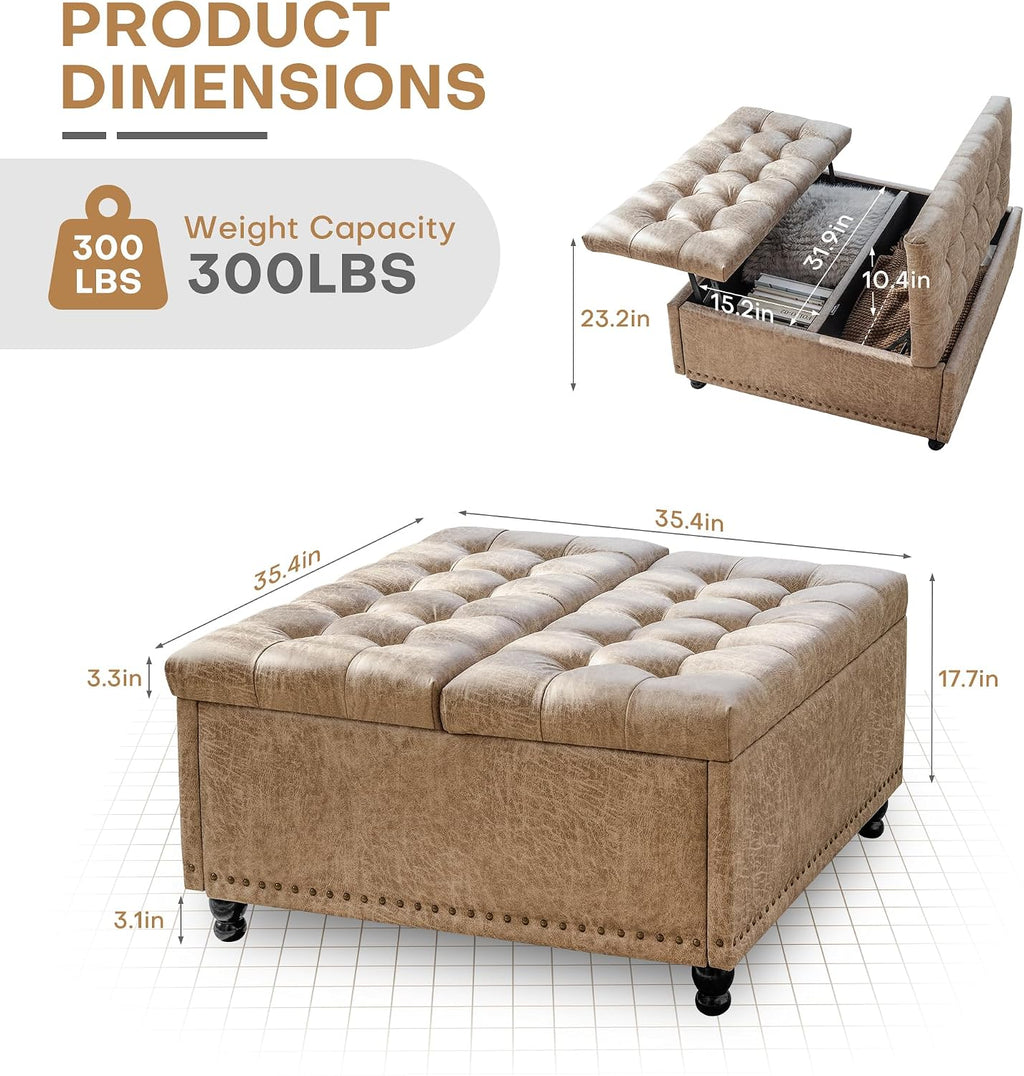 Redlife 35 Inch Large Square Storage Ottoman, Storage Ottoman Coffee Table with Lift Top Faux Leather Ottomans Bench Square Footrest Oversized Upholstered Coffee Table for Living Room (Champagne)