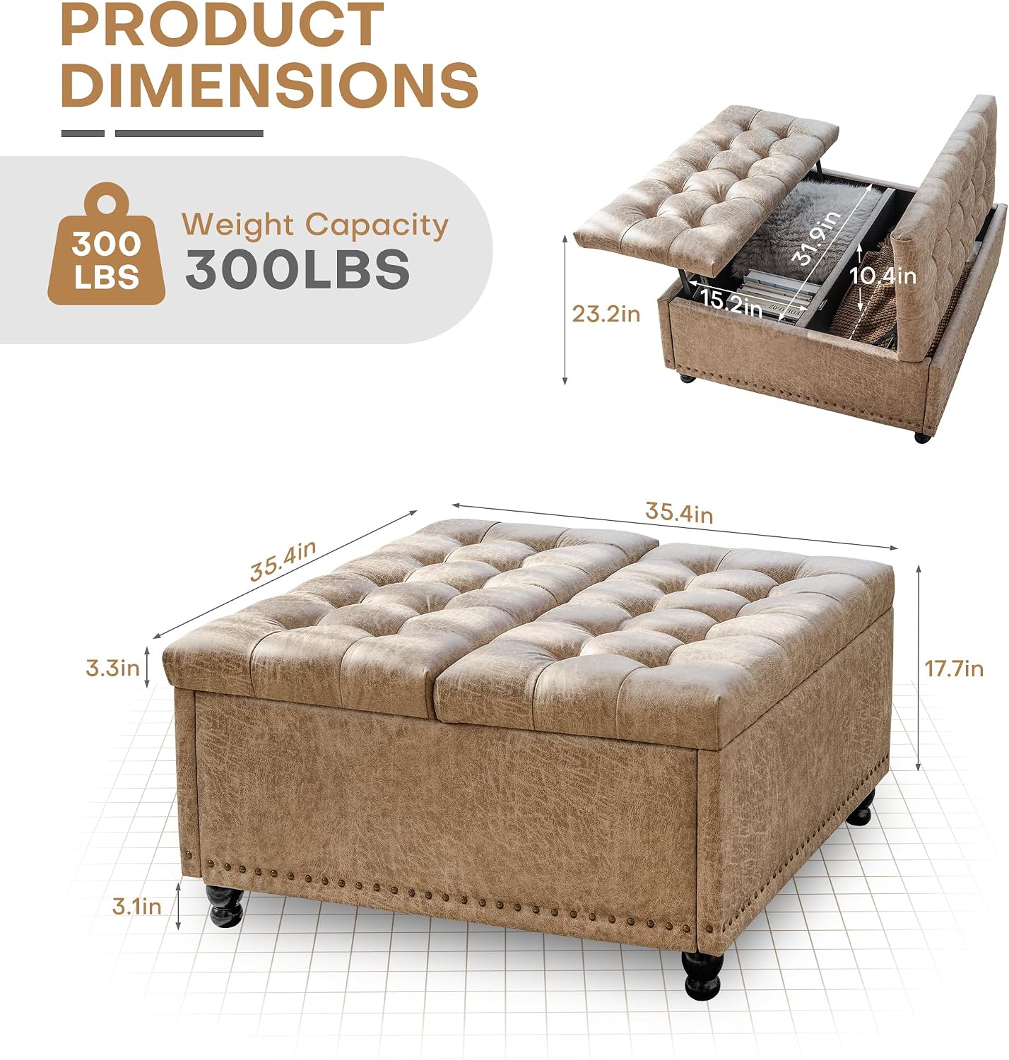 Redlife 35 Inch Large Square Storage Ottoman, Storage Ottoman Coffee Table with Lift Top Faux Leather Ottomans Bench Square Footrest Oversized Upholstered Coffee Table for Living Room (Champagne)