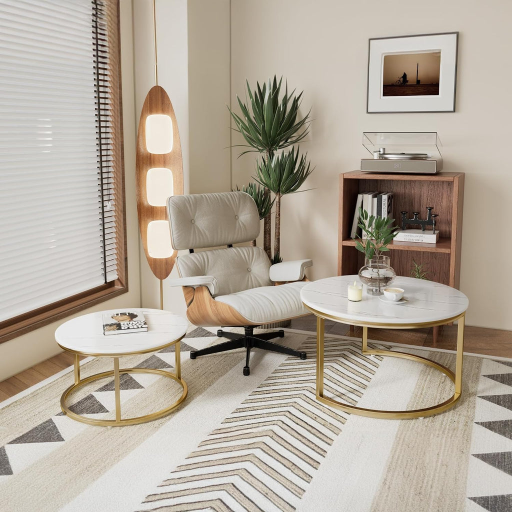 Otterease Nesting Tables Set of 2, 31.5' Round Coffee Table, Small Nesting Coffee Table with Adjustable Non-Slip Fee, White Marble Top Stack Nesting Tables Set of 2 for Living Room, Bedroom (White)