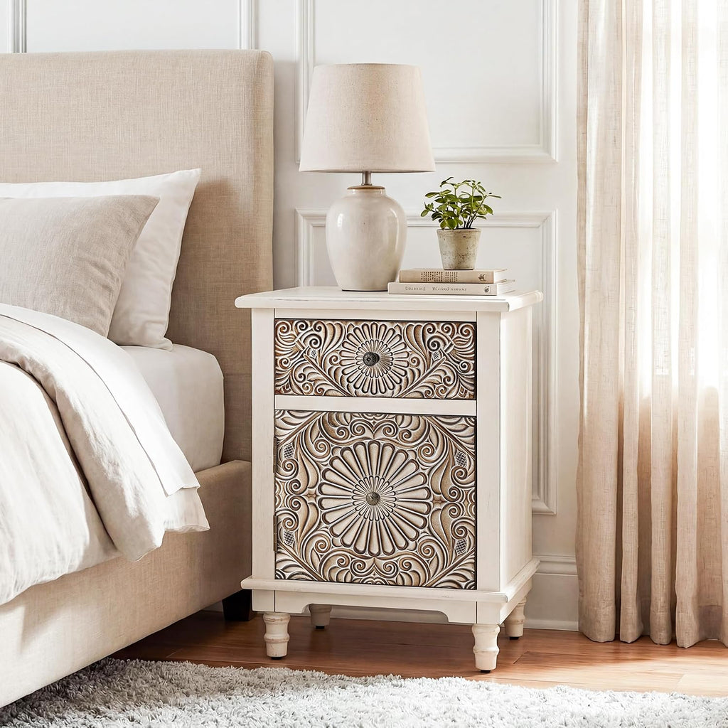 COSIEST 2 Drawers Accent Dresser, Vintage Small Accent Chest with 4 Wood Legs, Free-Standing Buffet Server Nightstand End Table for Bedroom, Living Room, Entryway