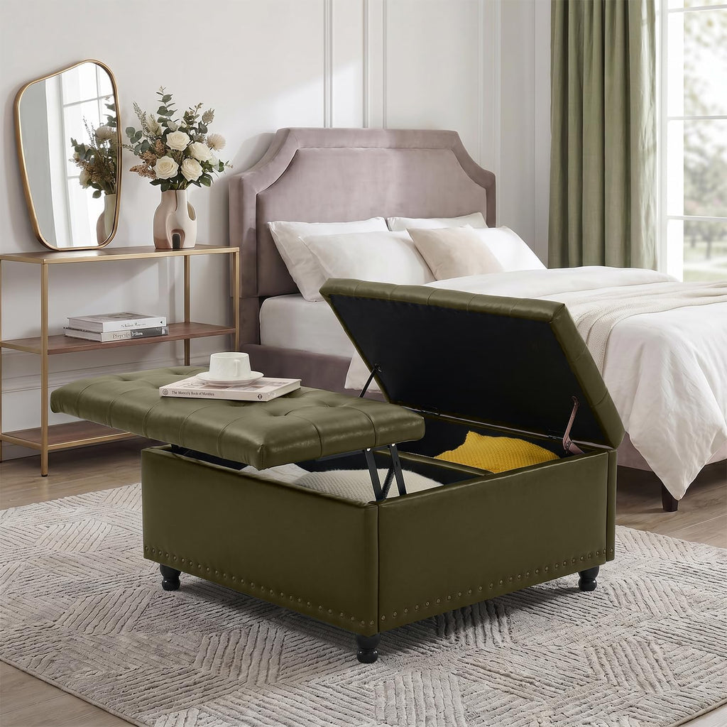 Tbfit Large Square Storage Ottoman Bench, Tufted Upholstered Coffee Table Ottoman with Lift Top & Wooden Legs, Oversized Storage Ottomans Toy Box for Living Room (Green PU)
