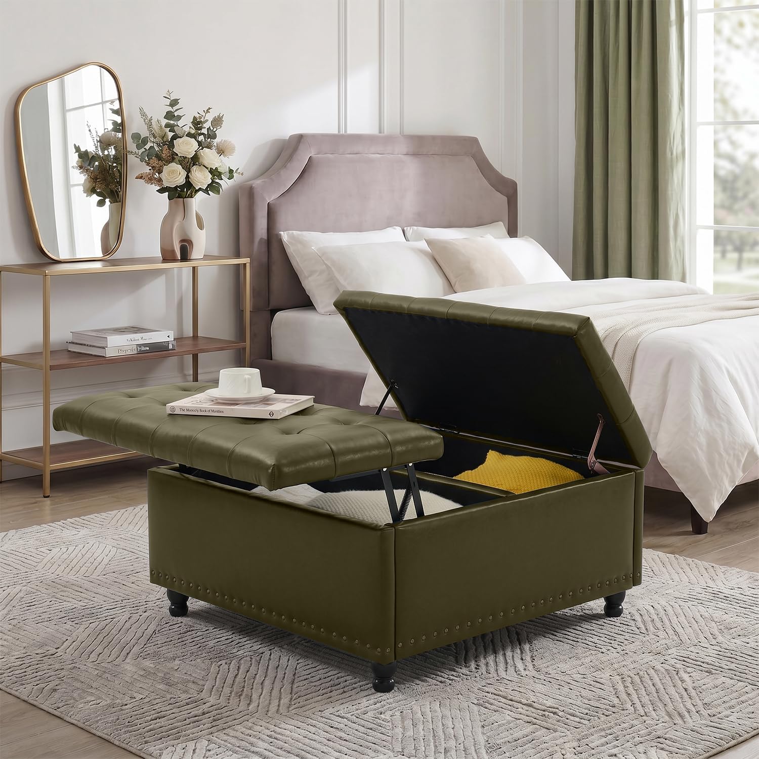 Tbfit Large Square Storage Ottoman Bench, Tufted Upholstered Coffee Table Ottoman with Lift Top & Wooden Legs, Oversized Storage Ottomans Toy Box for Living Room (Green PU)
