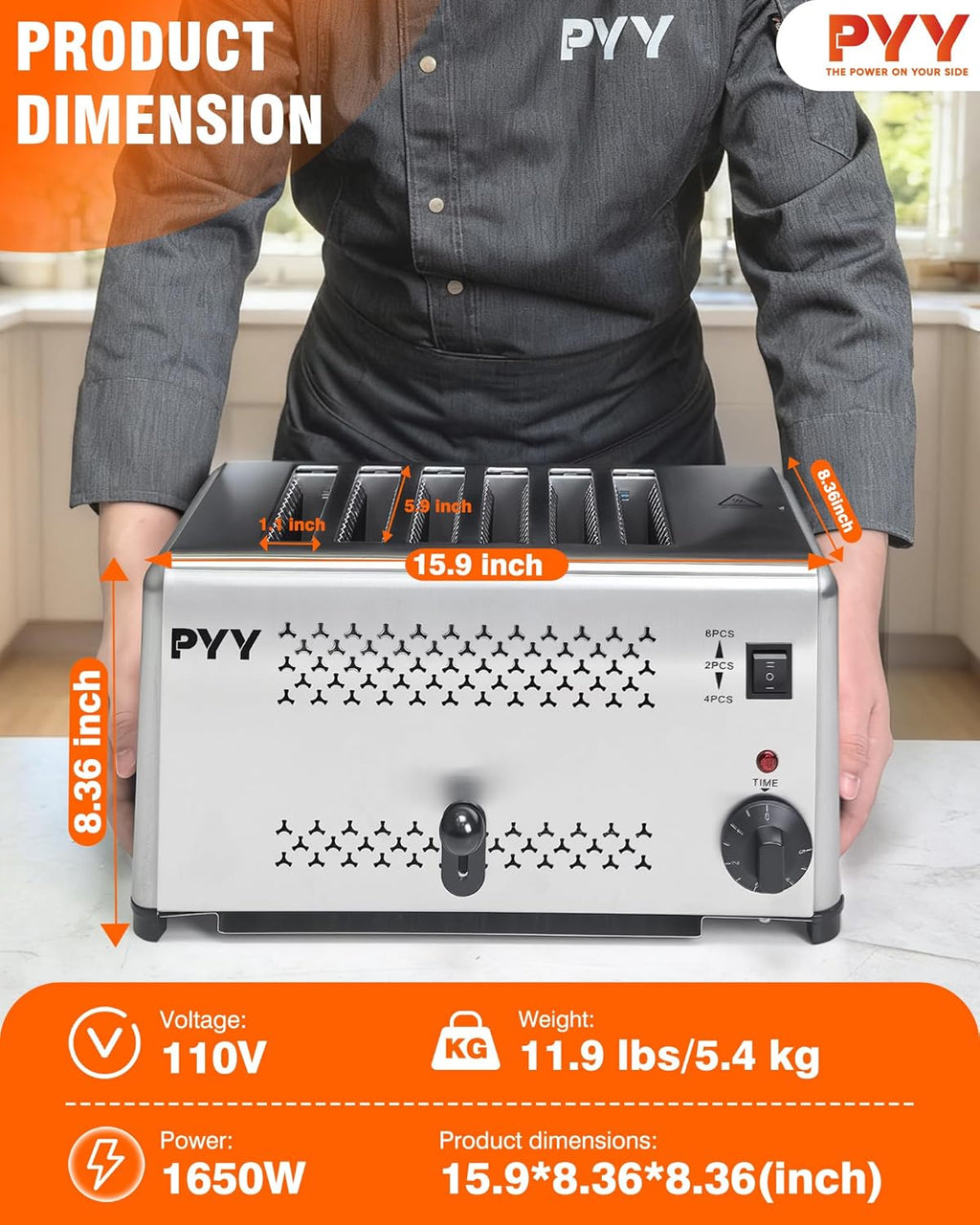 PYY Professional Commercial 6 Slice Toaster - 1800W Stainless Steel Heavy Duty Toaster, 6 Browning Levels, 1.1' Wide Slots, Removable Crumb Tray for Bagels Bread Waffles (Commercial & Home Use)