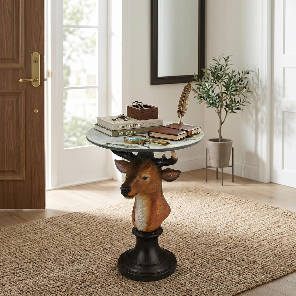 Deer Head Sculptural Accent Table for Living Room & Entryway, 19.69' D x 25.59' H, Resin Animal End Table, Waterproof Outdoor Decor, Unique Gift for Housewarming