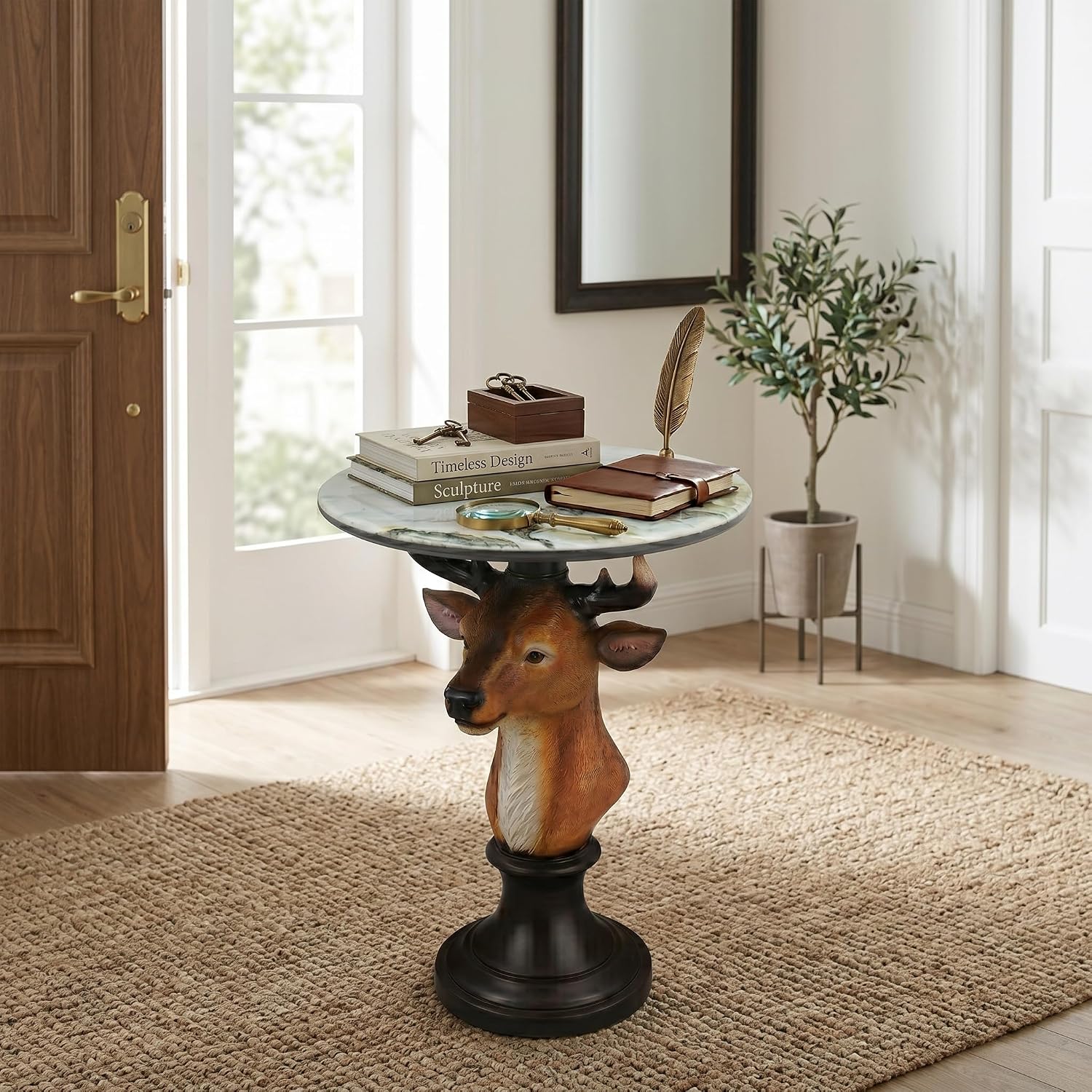 Deer Head Sculptural Accent Table for Living Room & Entryway, 19.69' D x 25.59' H, Resin Animal End Table, Waterproof Outdoor Decor, Unique Gift for Housewarming