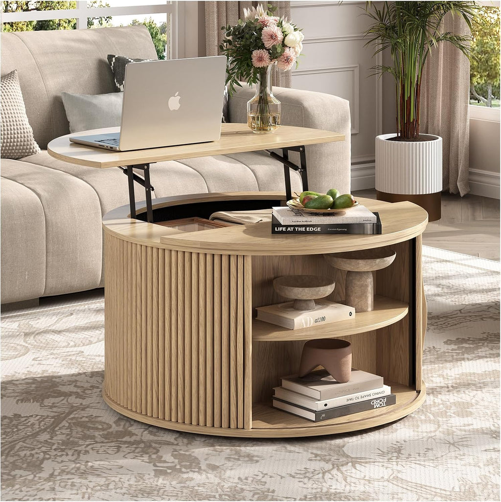 Round Lift Top Coffee Table, 31.5' Mid Century Modern Center Table with Hidden Storage, Fluted Circle Coffee Tables for Living Room, Home Office, Oak