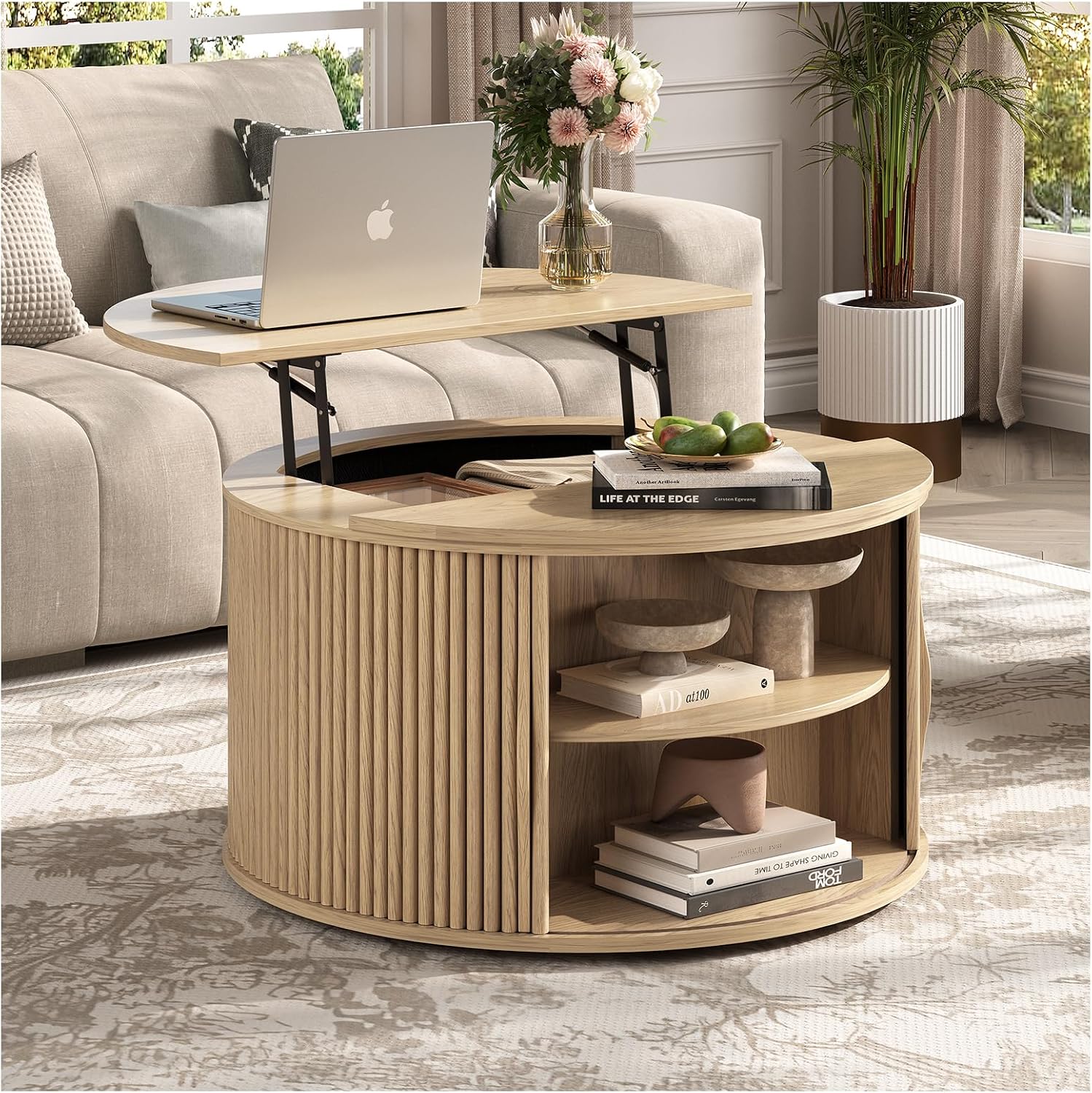 Round Lift Top Coffee Table, 31.5' Mid Century Modern Center Table with Hidden Storage, Fluted Circle Coffee Tables for Living Room, Home Office, Oak