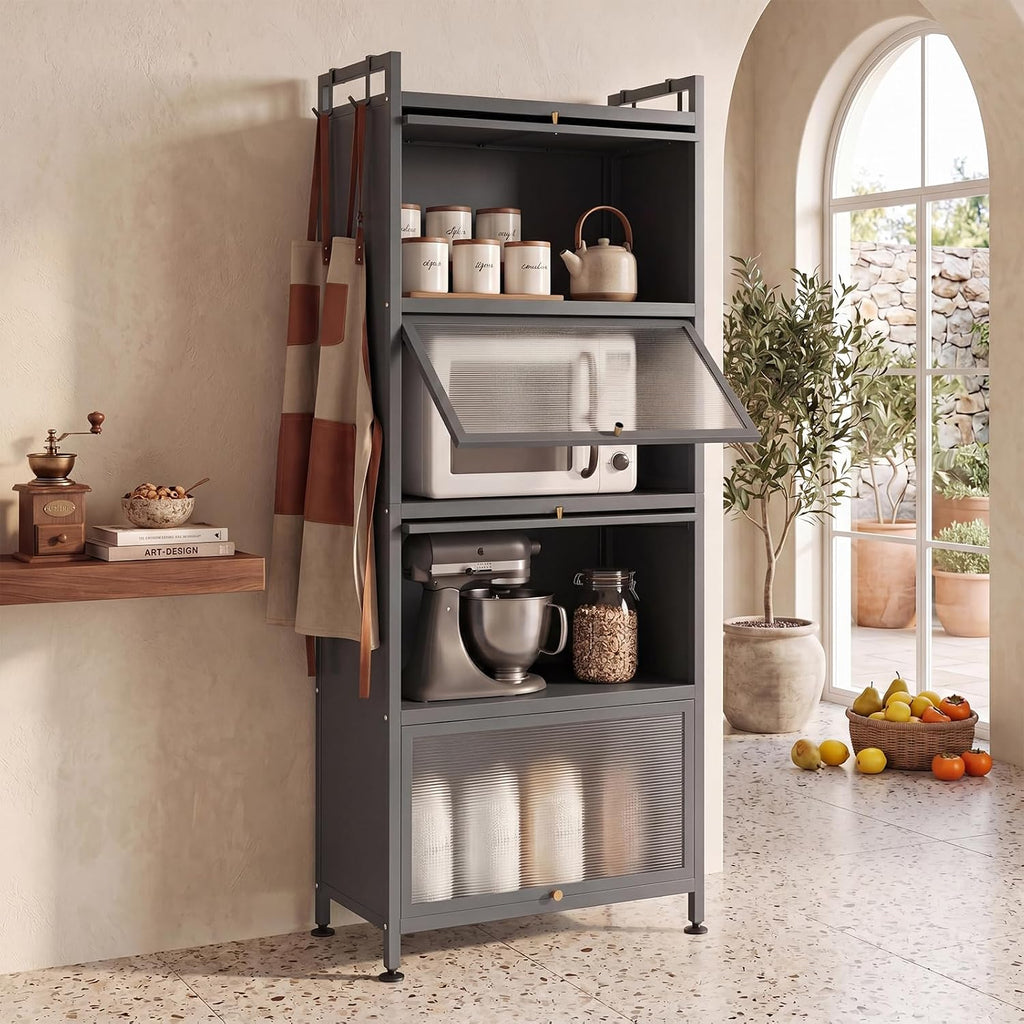 LOKO 5-Tier Kitchen Storage Cabinet,Freestanding Baker's Rack with 4 Rolling Casters, Mobile Microwave Stand with Double Anti-toppling Device, for Dining Room, Living Room and Study (Grey, 60.5' H)