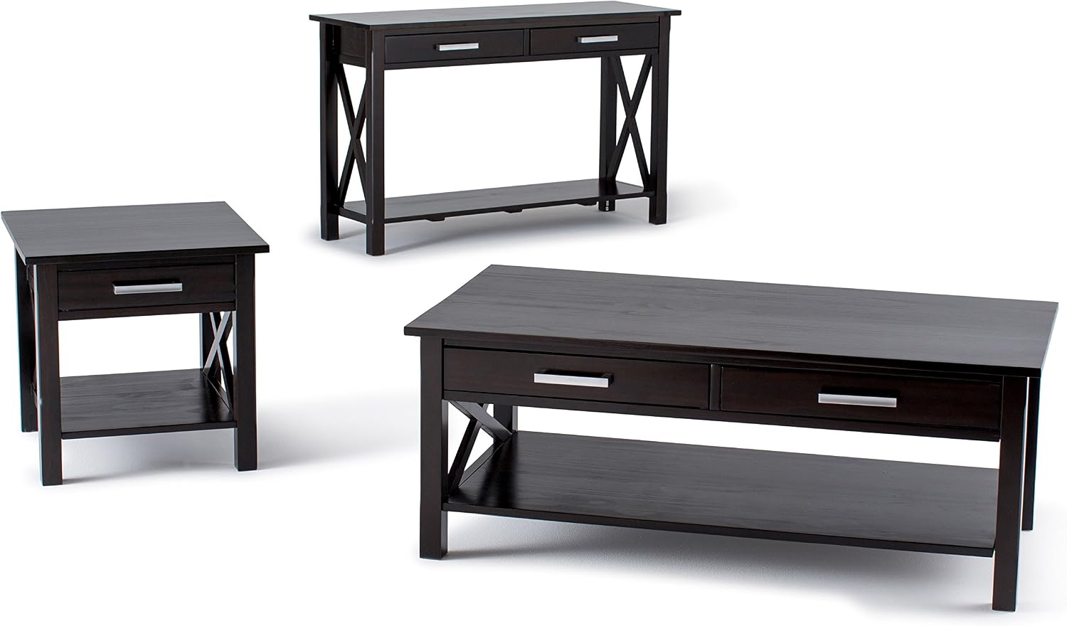 SIMPLIHOME Kitchener Console Table - 47 Inch Wide Solid Wood Sofa Table in Hickory Brown, Contemporary Storage Table for Entryway or Living Room with 2 Drawers, Bottom Shelf, and X-Design Side Panels