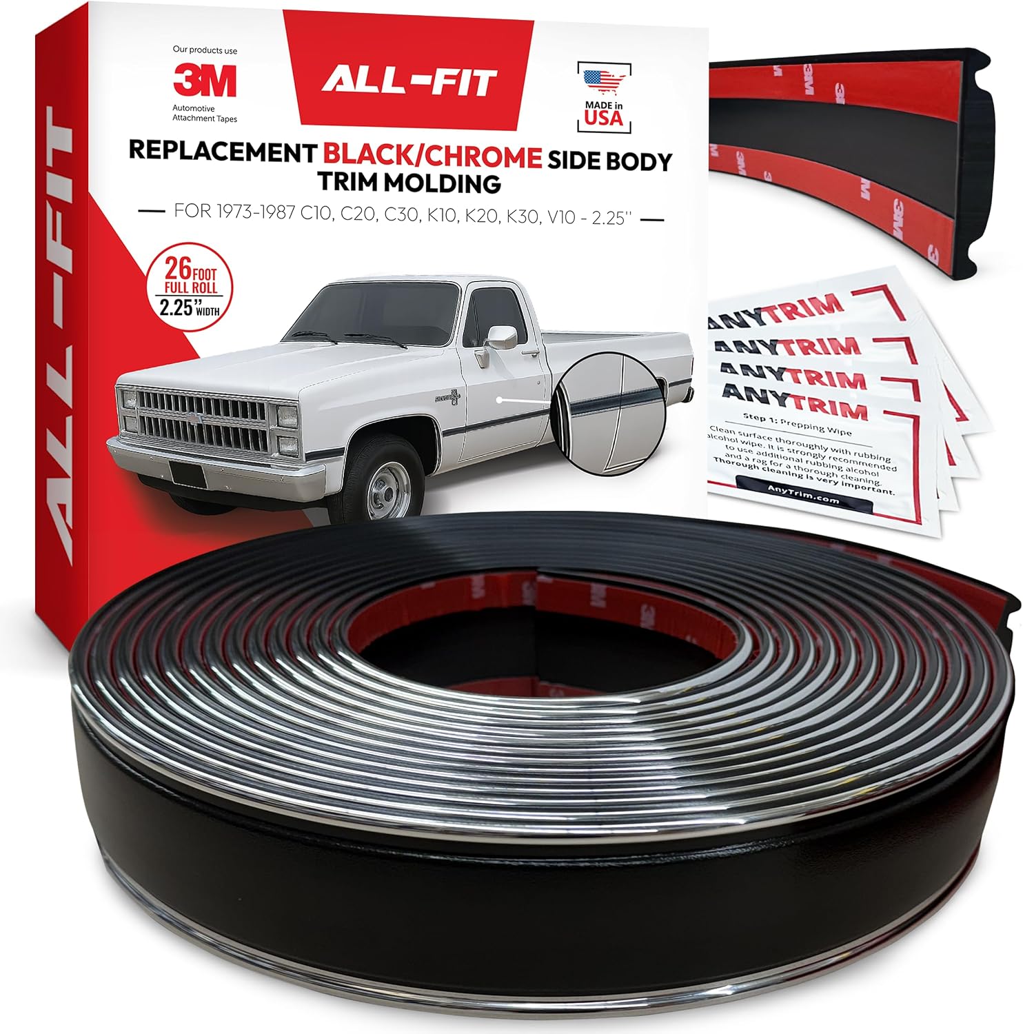 All-Fit Automotive Replacement SB - Square Body Side Molding (2.25') – OEM Grade Black Chrome Trim fits 1973–1987 Chevy C10 Trucks, Silverado, GMC Pickup & Suburban – Easy Install Truck Accessories