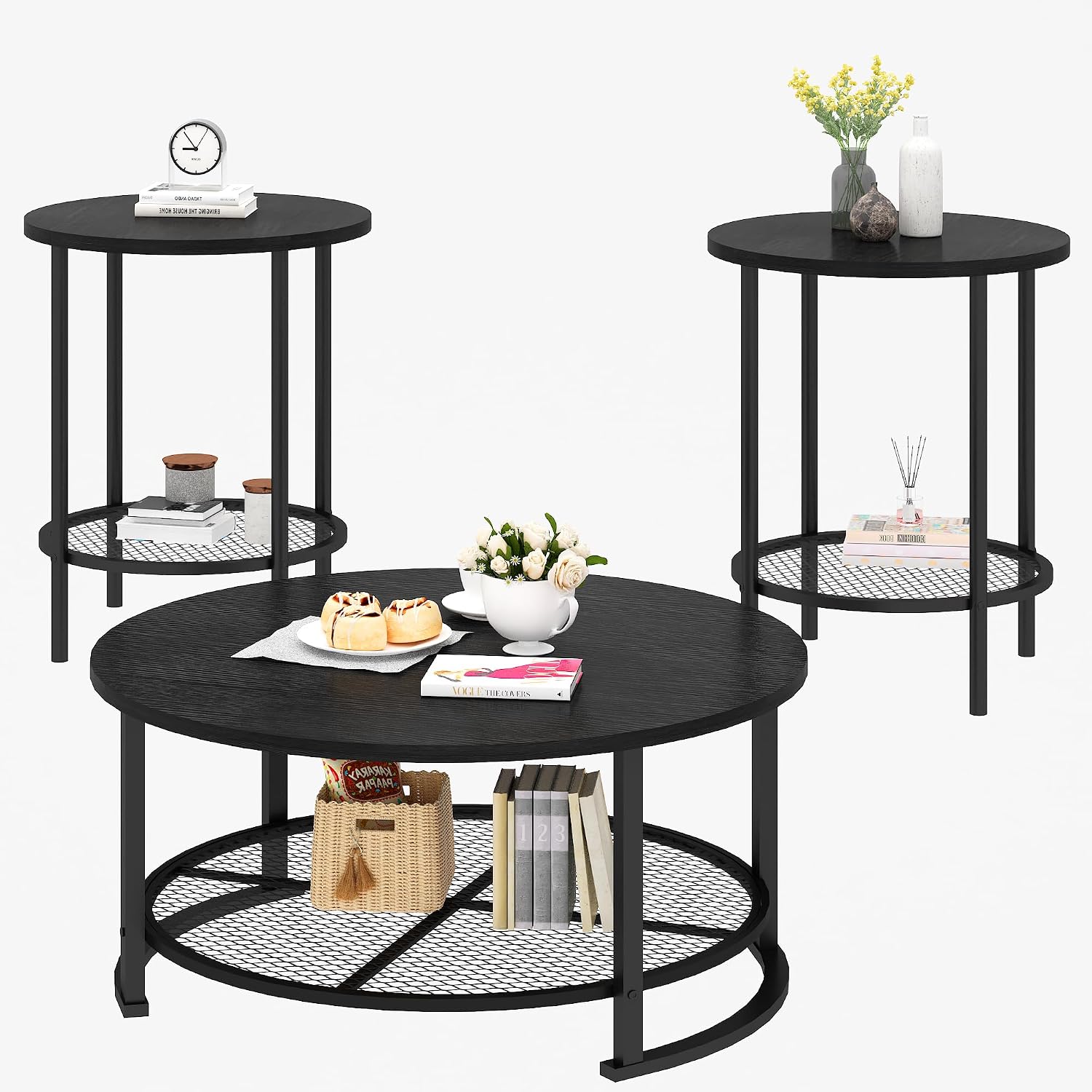 Recaceik Round Coffee Table and End Table Set of 3 with Storage, Modern Vintage Black Coffee Table and Side Table for Living Room, Office, Apartment, Small Space