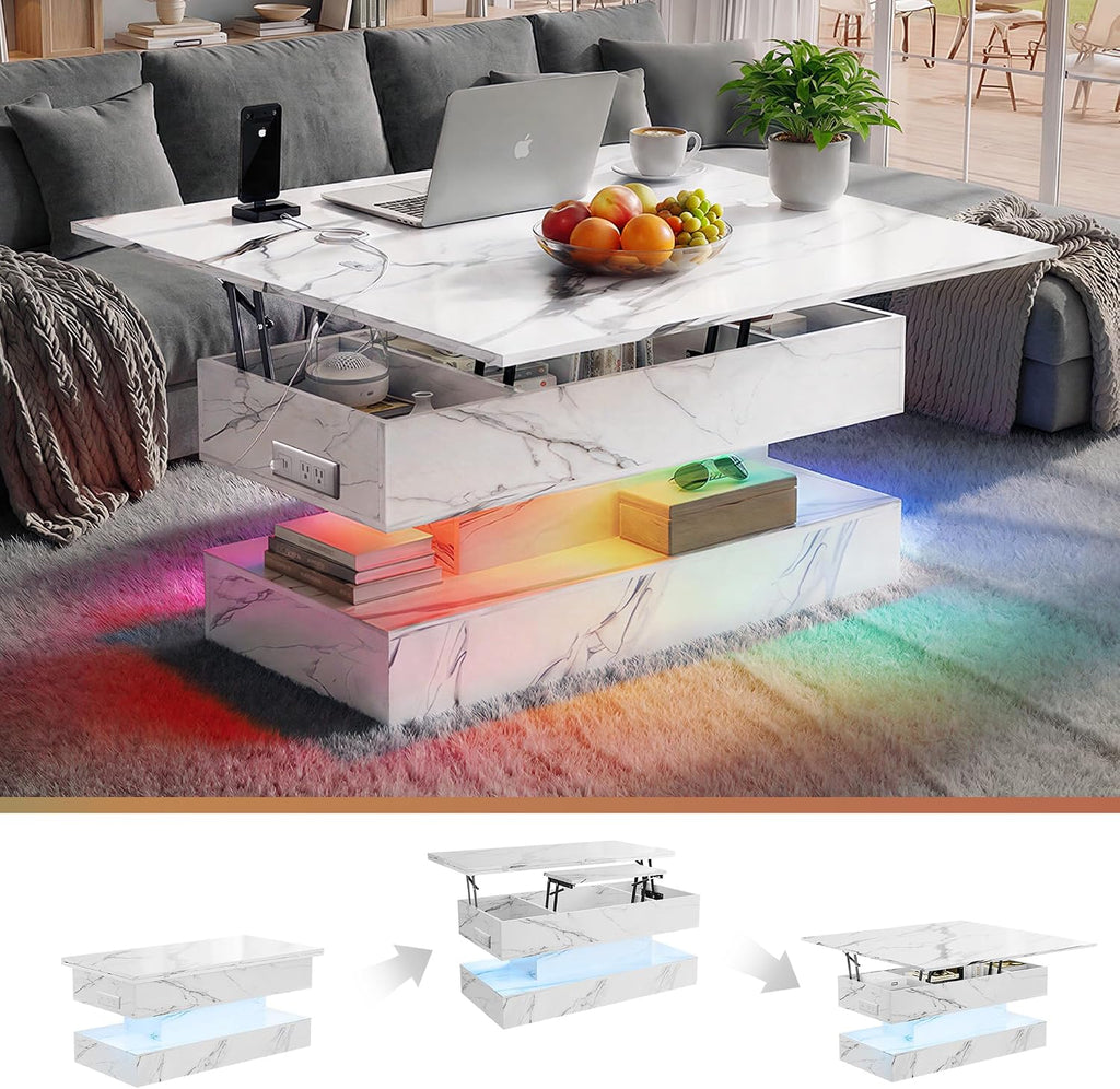 40' Lift Top Coffee Table, 4‑in‑1 Multi-Function Convertible Workstation Table with Storage & Charging Station, Modern Faux Marble Design for Living Room & Small Spaces, White