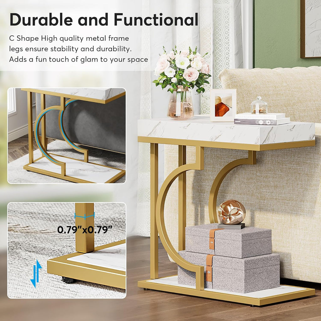 Tribesigns Narrow Side Table Set of 2, C Shaped End Table for Couch, White Gold Modern Bedside Tables with Metal Frame, Small Sofa Tables for Small Spaces, Living Rooms (2, White+Gold)