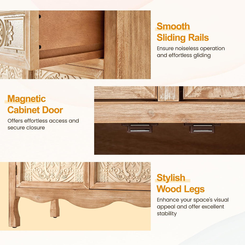 RoyalCraft 48' Tall Accent Cabinet with 2 Carved Doors and 2 Drawers，Vintage Wood Cabinet with Storage, French Country Sideboard Buffet for Small Spaces, Dining Room, Living Room & Entryway