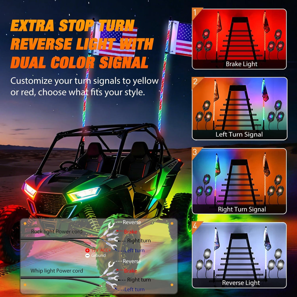 Nilight 2PCS 4FT RGB LED Whip Light with Spring Base and 6 PCS Rock Lights Combo, Remote App Control w/DIY Chasing Patterns Turn Signal Brake Reverse Antenna Lighted Whips for ATV UTV Polaris RZR Jeep