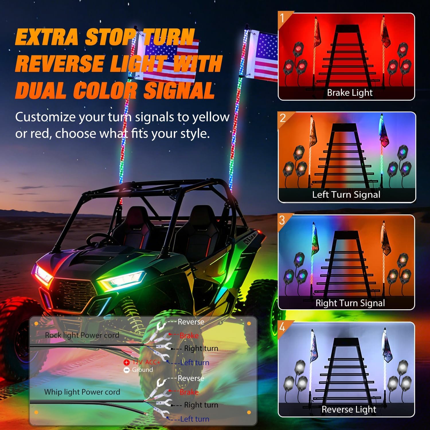 Nilight 2PCS 4FT RGB LED Whip Light with Spring Base and 6 PCS Rock Lights Combo, Remote App Control w/DIY Chasing Patterns Turn Signal Brake Reverse Antenna Lighted Whips for ATV UTV Polaris RZR Jeep