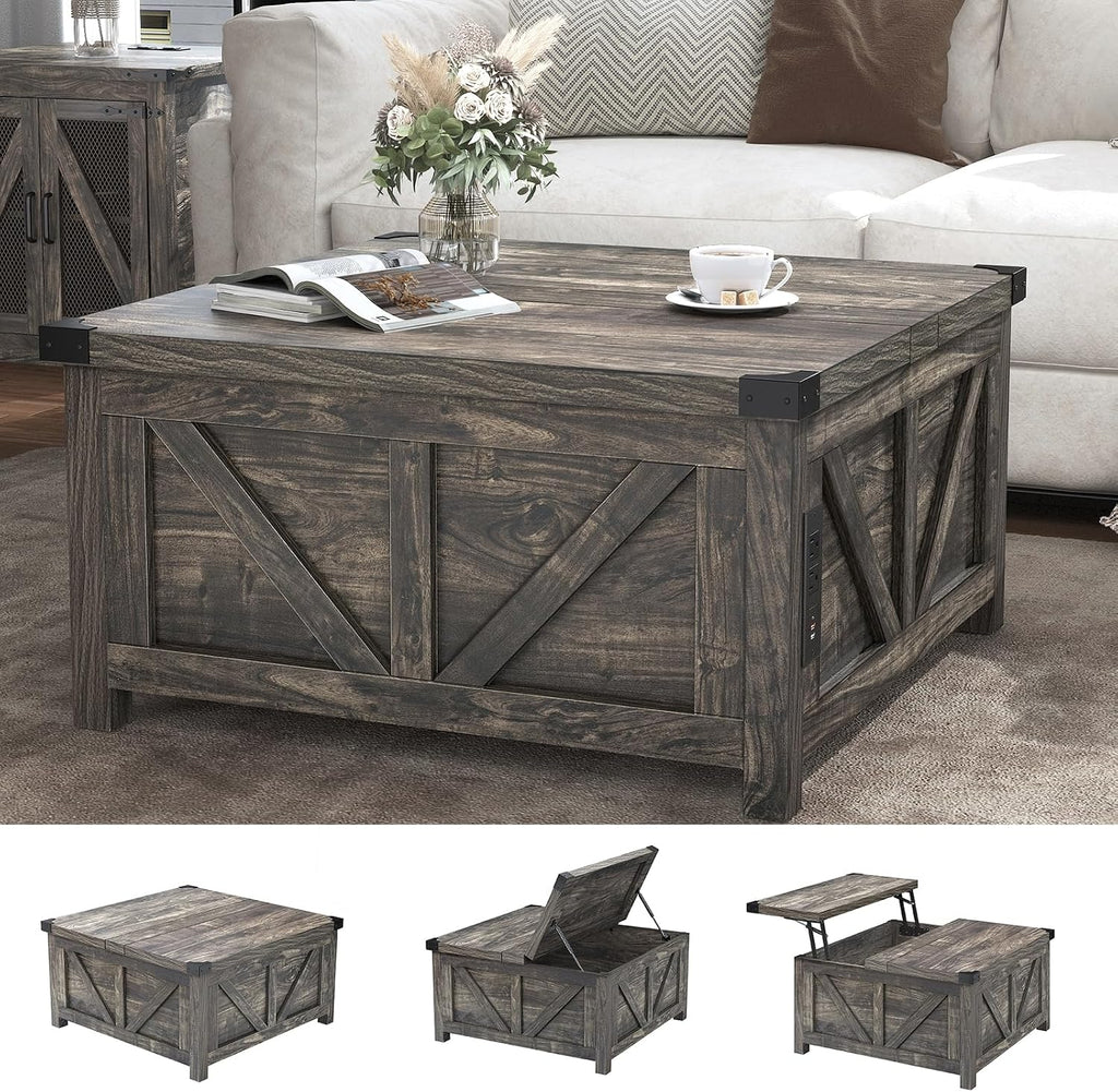 jimeimen Farmhouse Lift Top Coffee Table with Storage, Wood Square Center Table with Charging Station&USB Port, Living Room Table w/Large Hidden Space, for Living Room, Bedroom, Home Office, Dark Grey