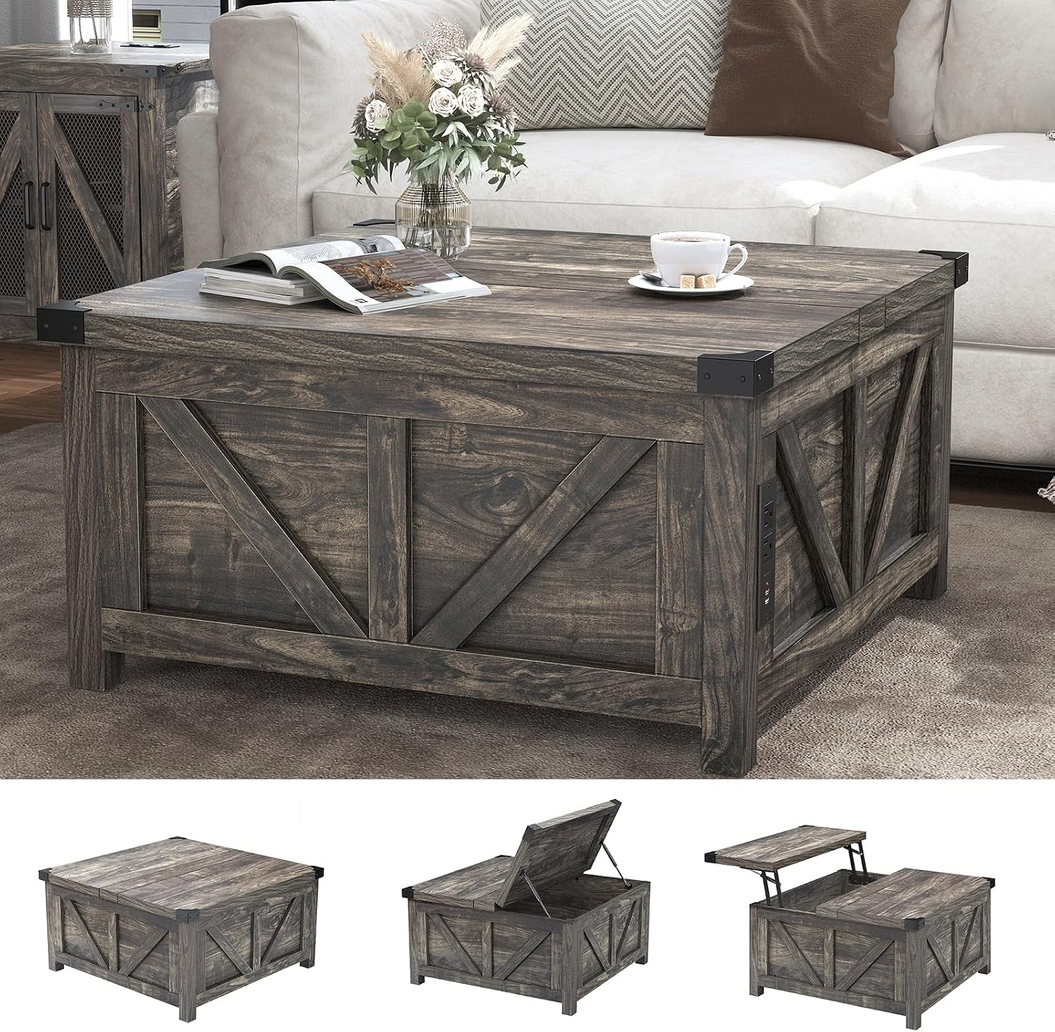 jimeimen Farmhouse Lift Top Coffee Table with Storage, Wood Square Center Table with Charging Station&USB Port, Living Room Table w/Large Hidden Space, for Living Room, Bedroom, Home Office, Dark Grey