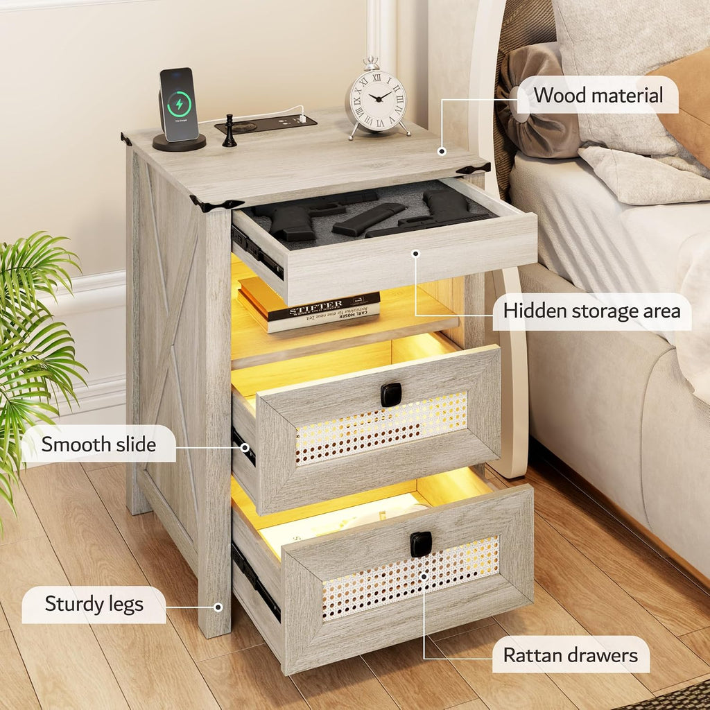 Night Stand with Gun Drawer, Bedside Table with Charger Station & LED Human Sensor Light, Gun Nightstand End Tables Bedroom Living Room, Rustic Grey