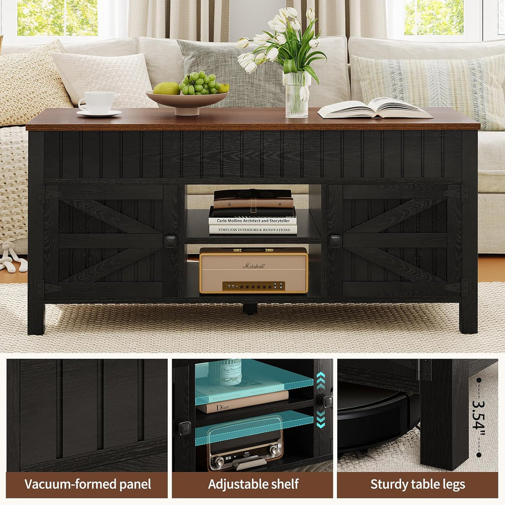 47.3' Lift Top Coffee Table with Storage - Black Coffee Tables for Living Room, Farmhouse Wood Center Table, Large Rectangle Middle Tables with Hidden Compartment & Adjustable Shelf