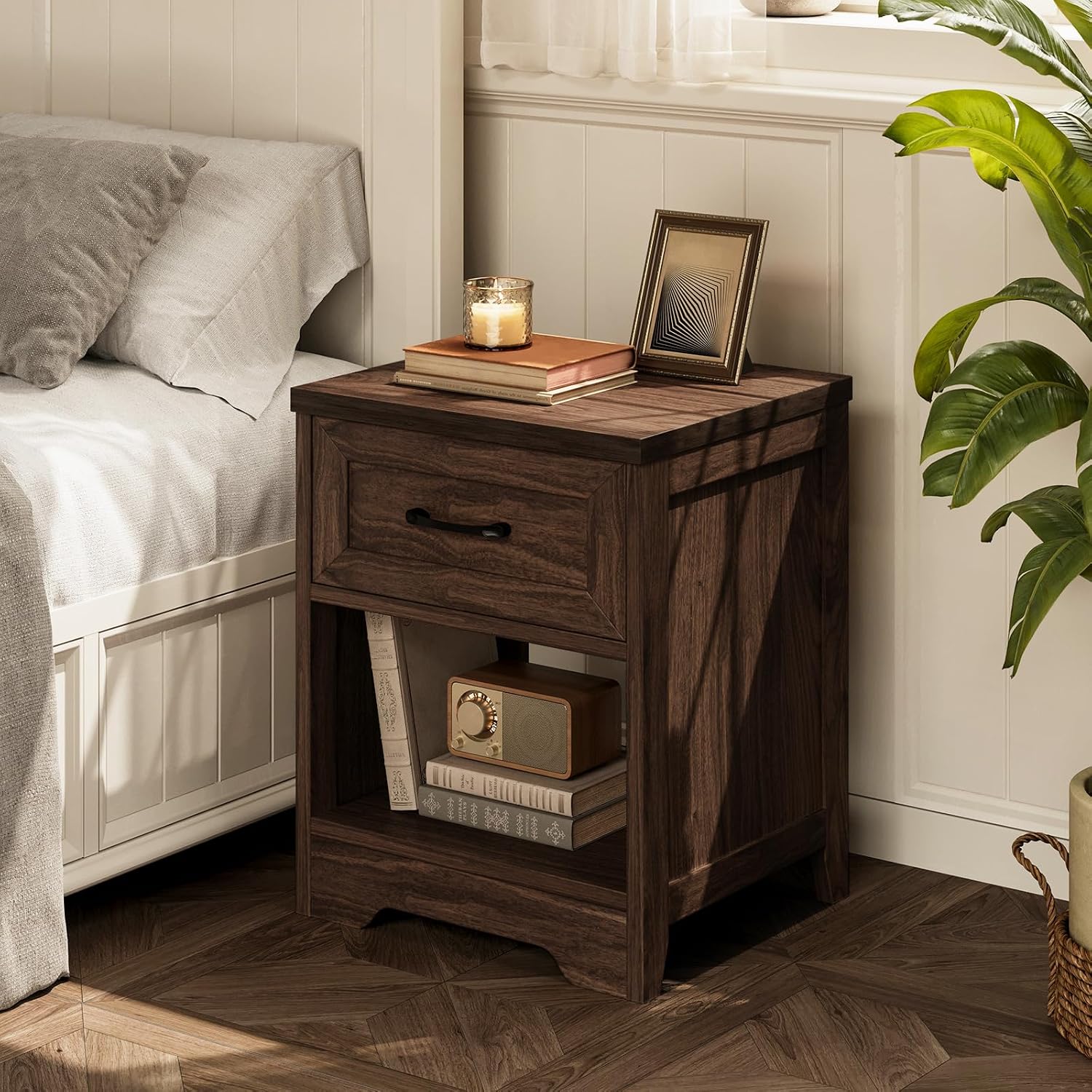 AODK Farmhouse Nightstand Set of 2, Rustic End Tables with Drawer & Open Storage, Wood Bedside Tables for Bedroom & Small Space, Dark Walnut