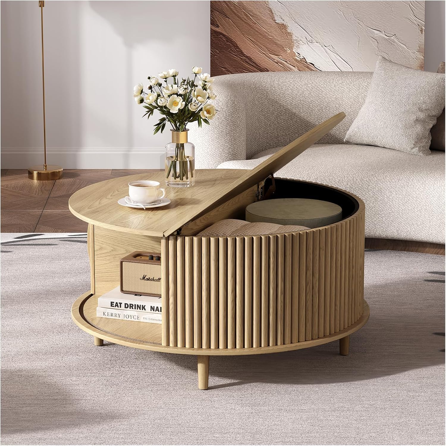 Round Coffee Table with Storage, 31.5' Mid Century Modern Coffee Table with Sliding Door & Solid Wood Legs, Minimalist Fluted Center Table for Living Room, Home Small Space, Oak