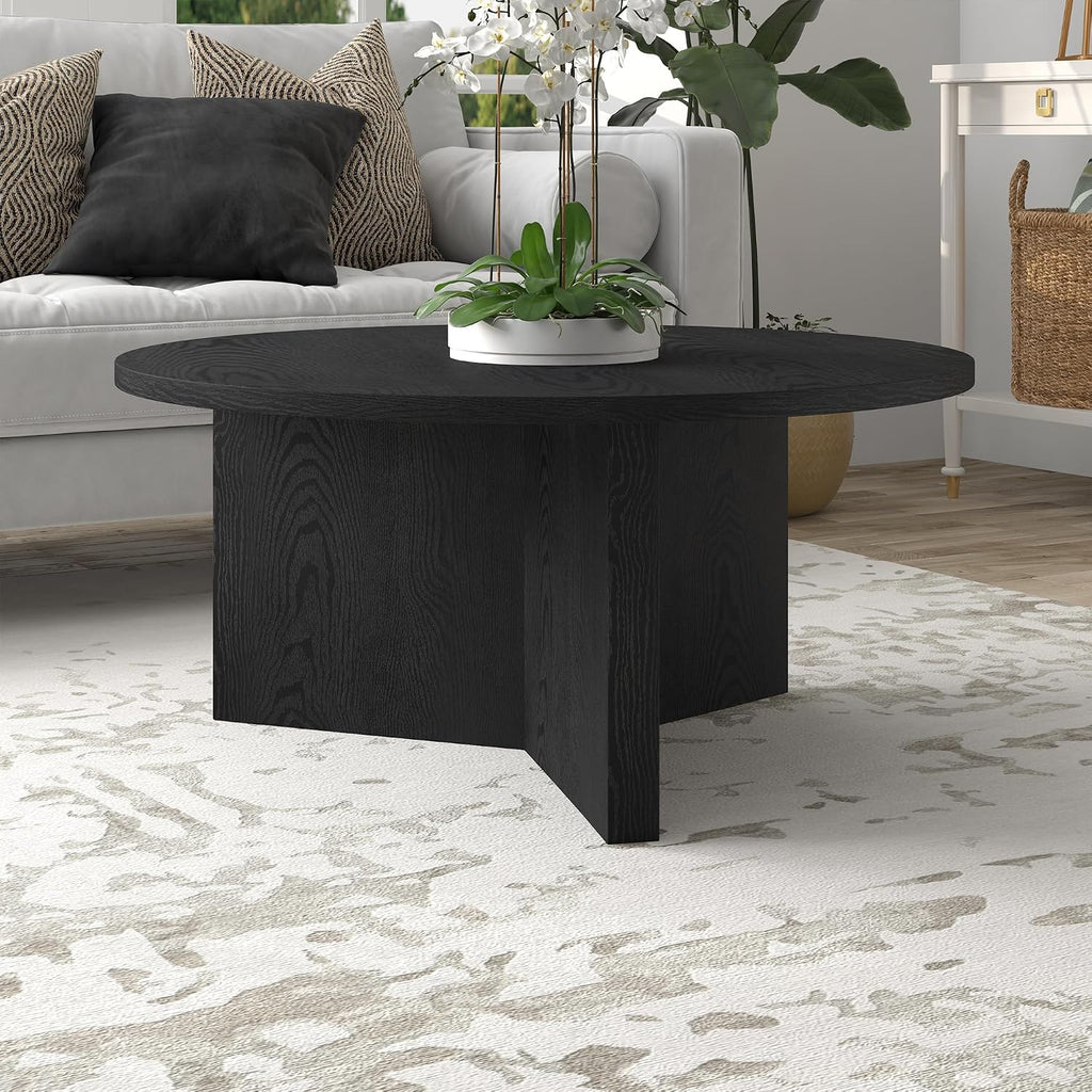 Henn&Hart 36' Round Wood Pedestal Coffee Table for Living Room, Family Room, Office, or Apartment, Natural Black