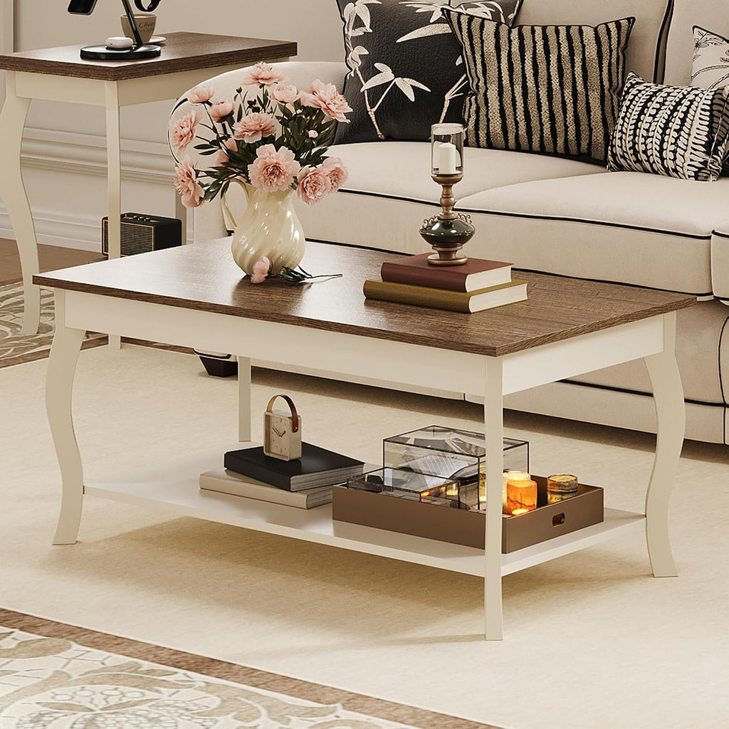 ChooChoo Coffee Table, Rustic Center Table with Curved Legs and Storage Shelf, 39' Coffee Table for Living Room, Soft White