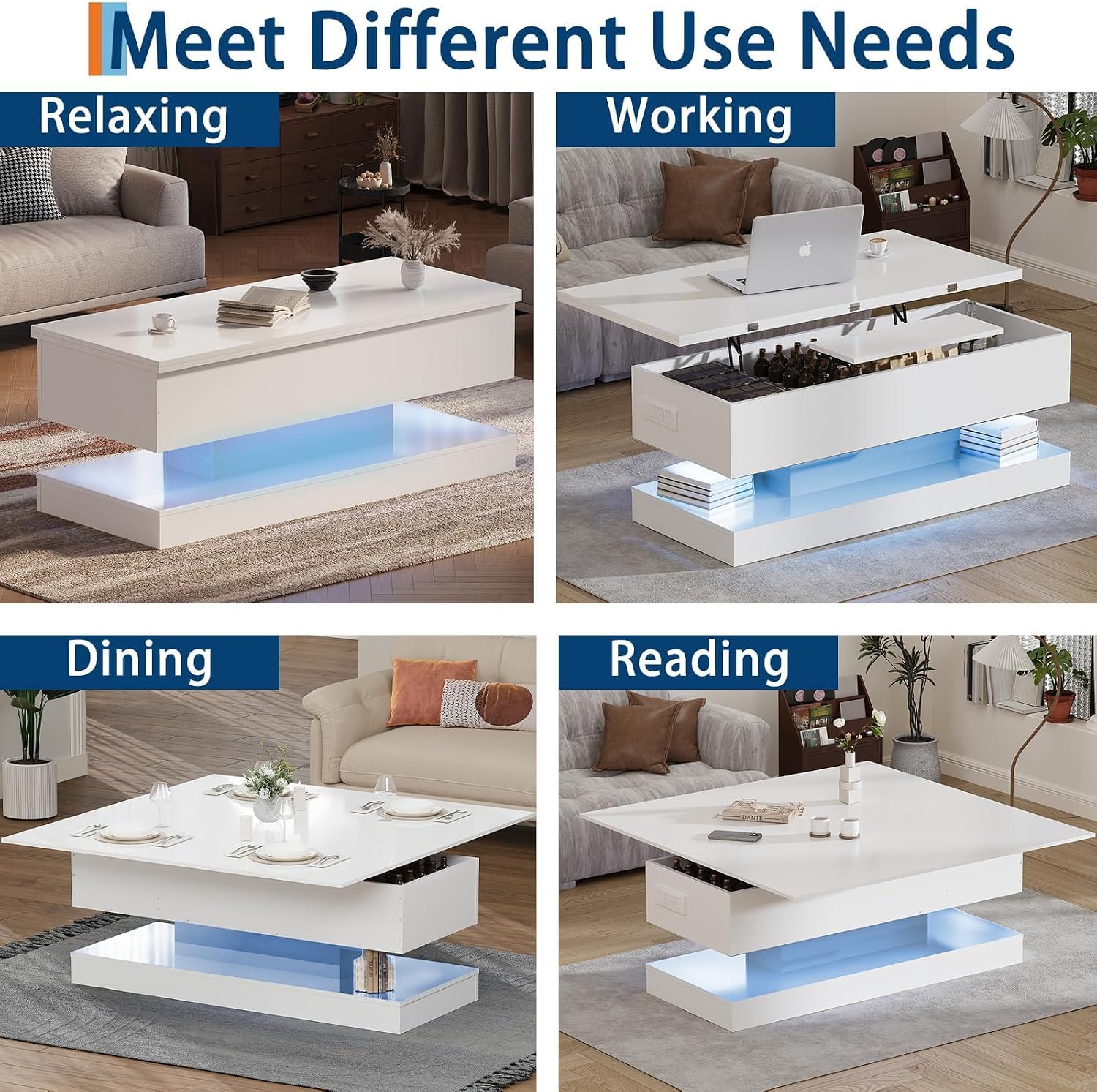 GarveeHome 47.2 Inch Large Lift Top Coffee Table Modern High Glossy LED Storage Table with APP Control for Living Room Dining Room Home Office White 47.2' l*19.29' w*17.72' h