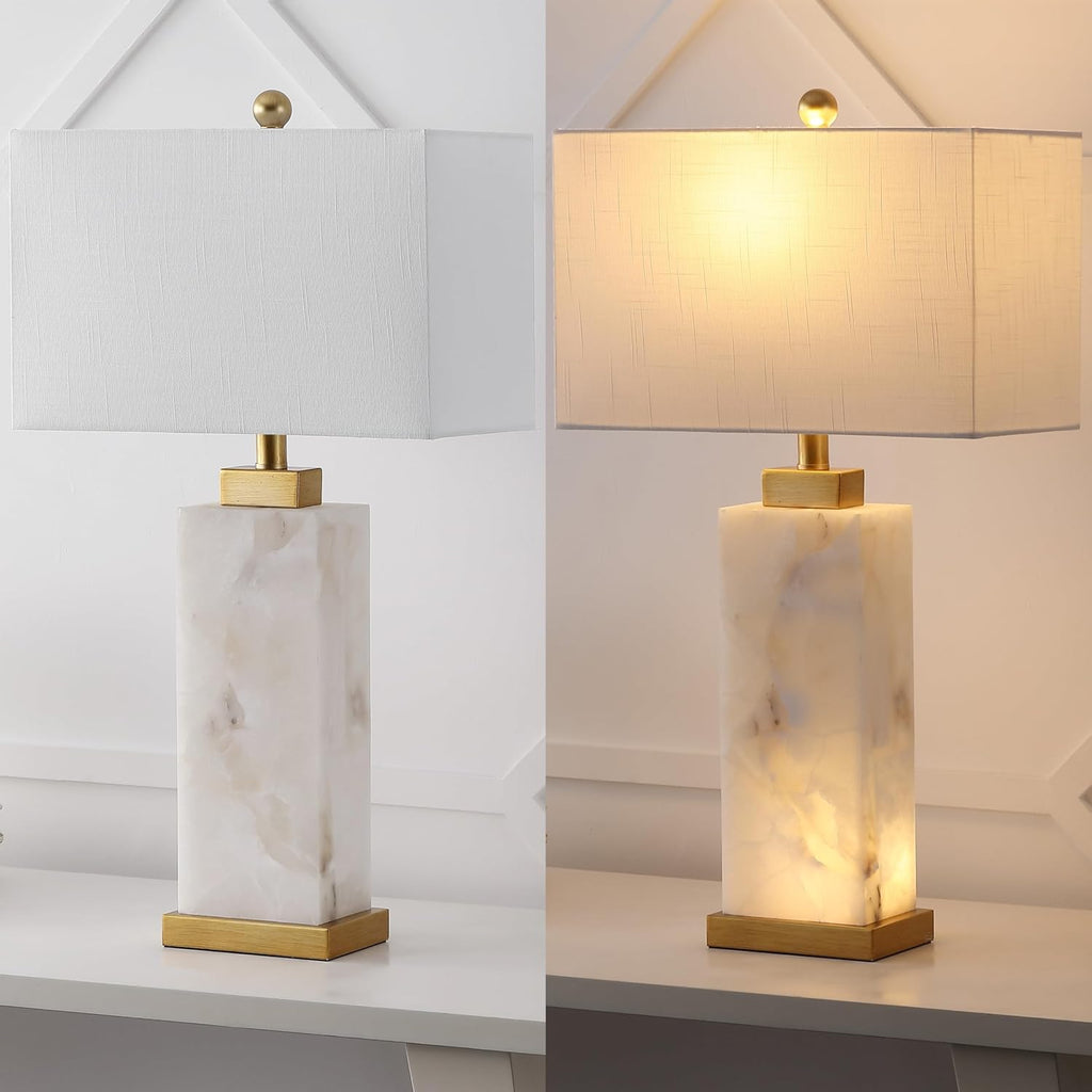 JONATHAN Y 27.5' White/Gold Modern Alabaster Rectangular Table Lamp with Night Light Contemporary Coastal Bedside Lamp for Bedroom with White Linen Shade LED Bulbs Included JYL6201A