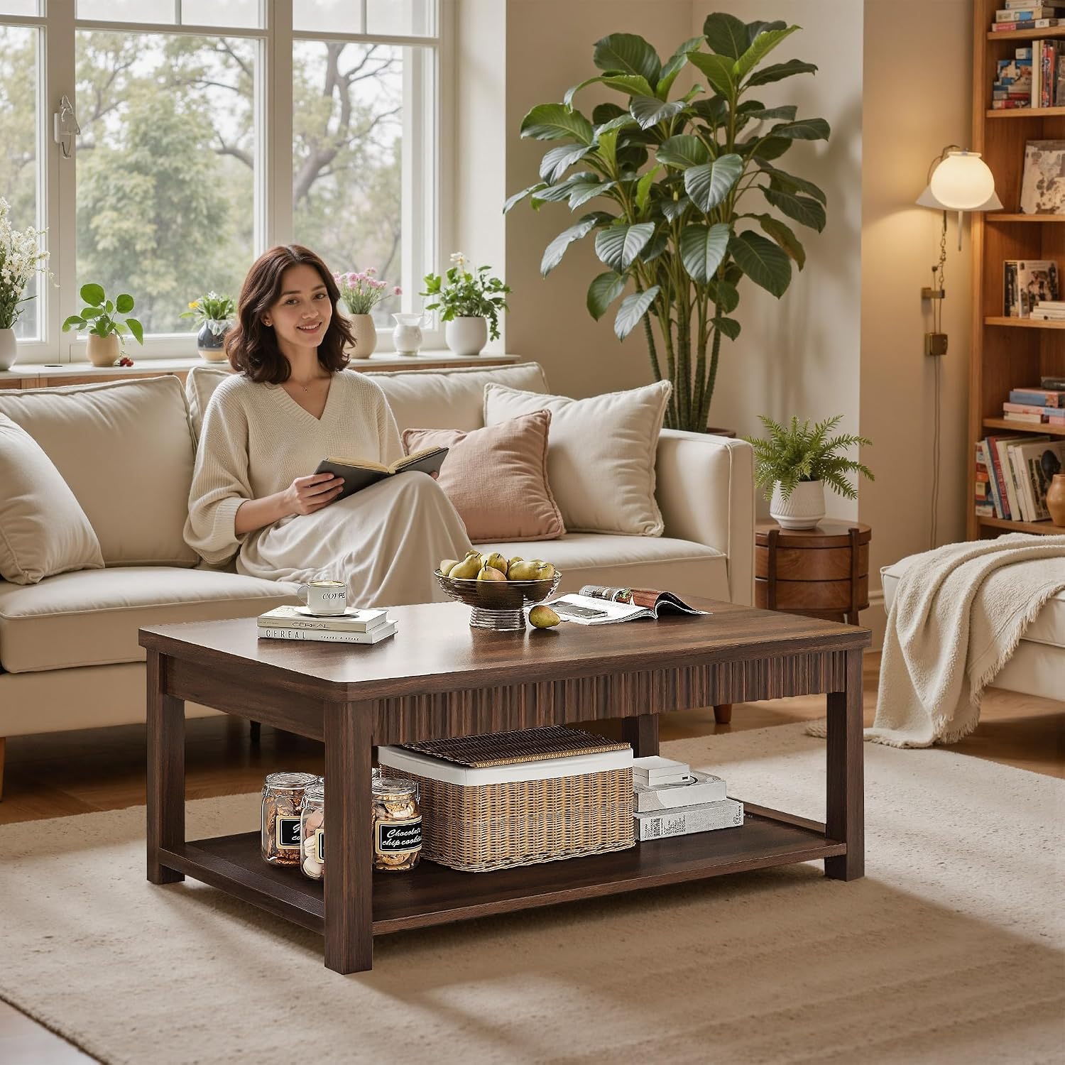 Homkdom Coffee Table, 39 Inch Modern Coffee Tables for Living Room with 2-Tier Storage & Wave-Edge, Walnut Center Table for Bedroom/Office