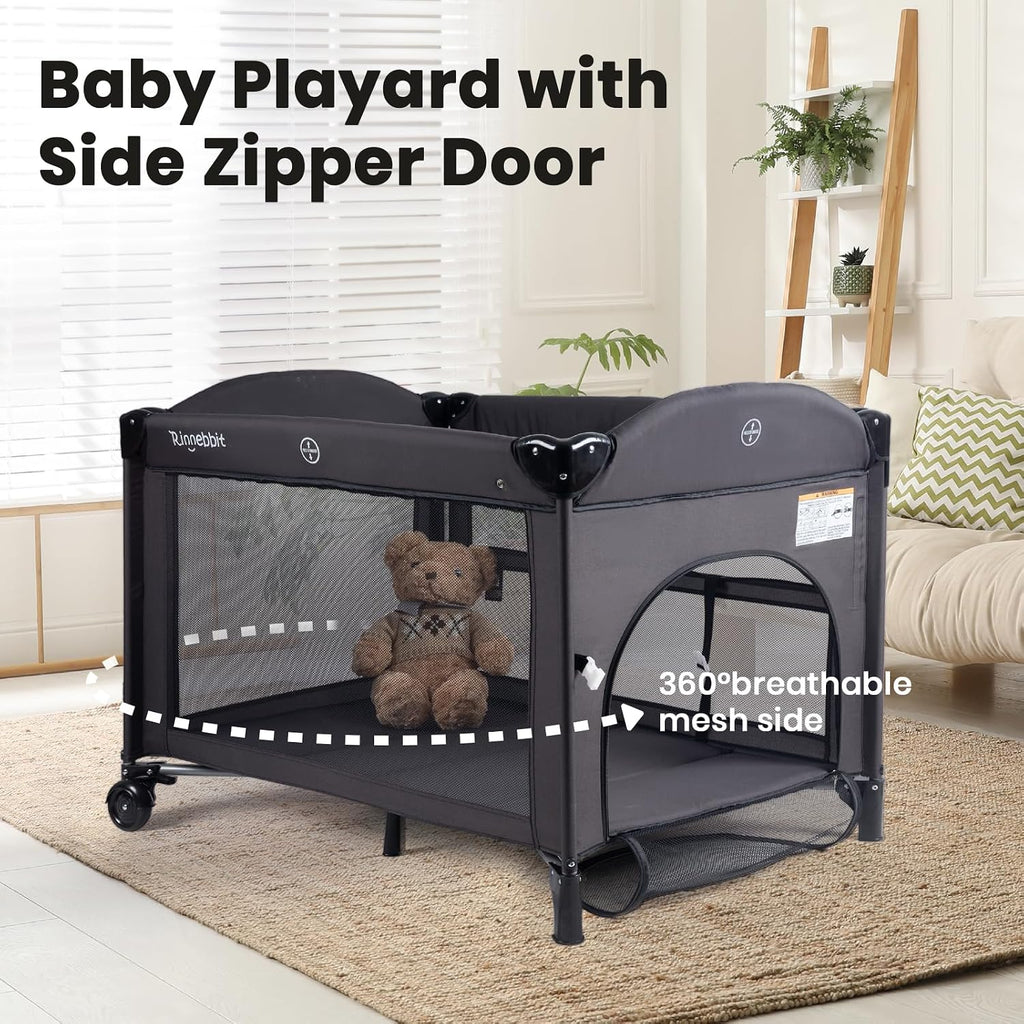 Rinnebbit Baby Bassinets Bedside Sleeper, 4 in 1 Portable Bedside Crib w/Mattress, Diaper Changer, Storage Basket, Music Box, Carry Bag, Foldable Playard Sleeper for Newborn (Black)