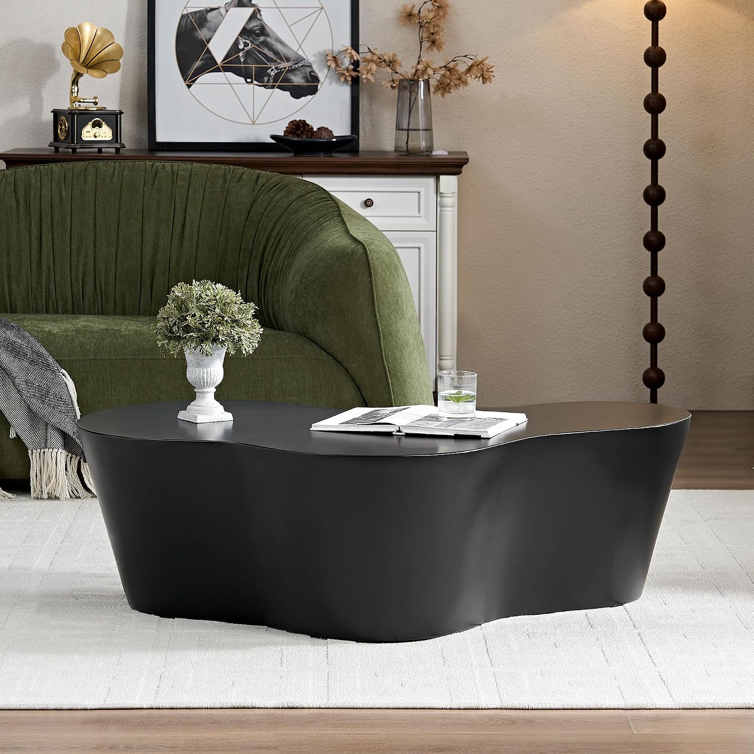 50' Coffee Table Modern Irregular Center Table Fiberglass Sturdy Table for Living Room, No Need Assembly Black