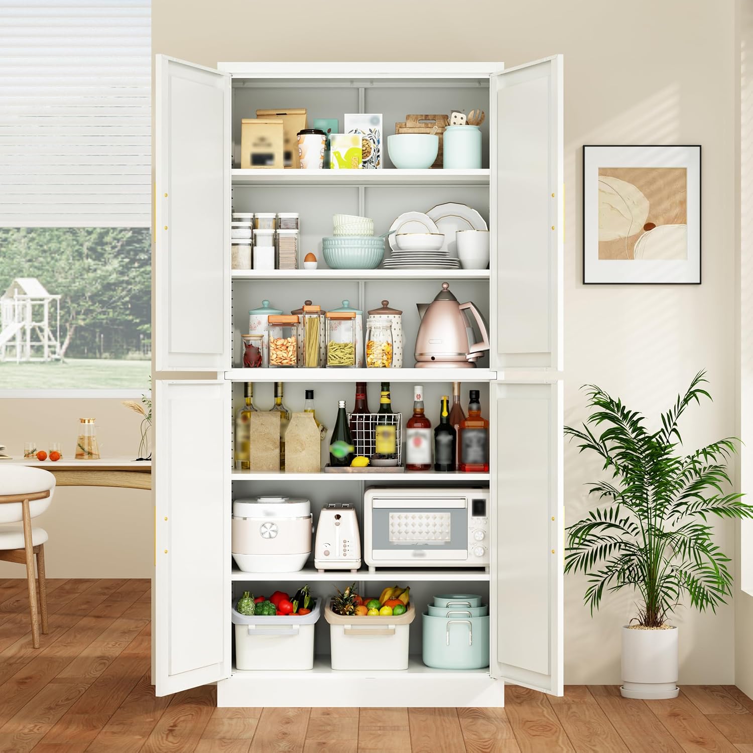Wanfu 71' Tall Pantry Cabinet, Metal Kitchen Pantry Cabinet with 4 Doors and 4 Adjustable Shelves, Kitchen Pantry Storage Cabinets, Metal Storage Cabinet for Kitchen, Dining Room, Living Room-White