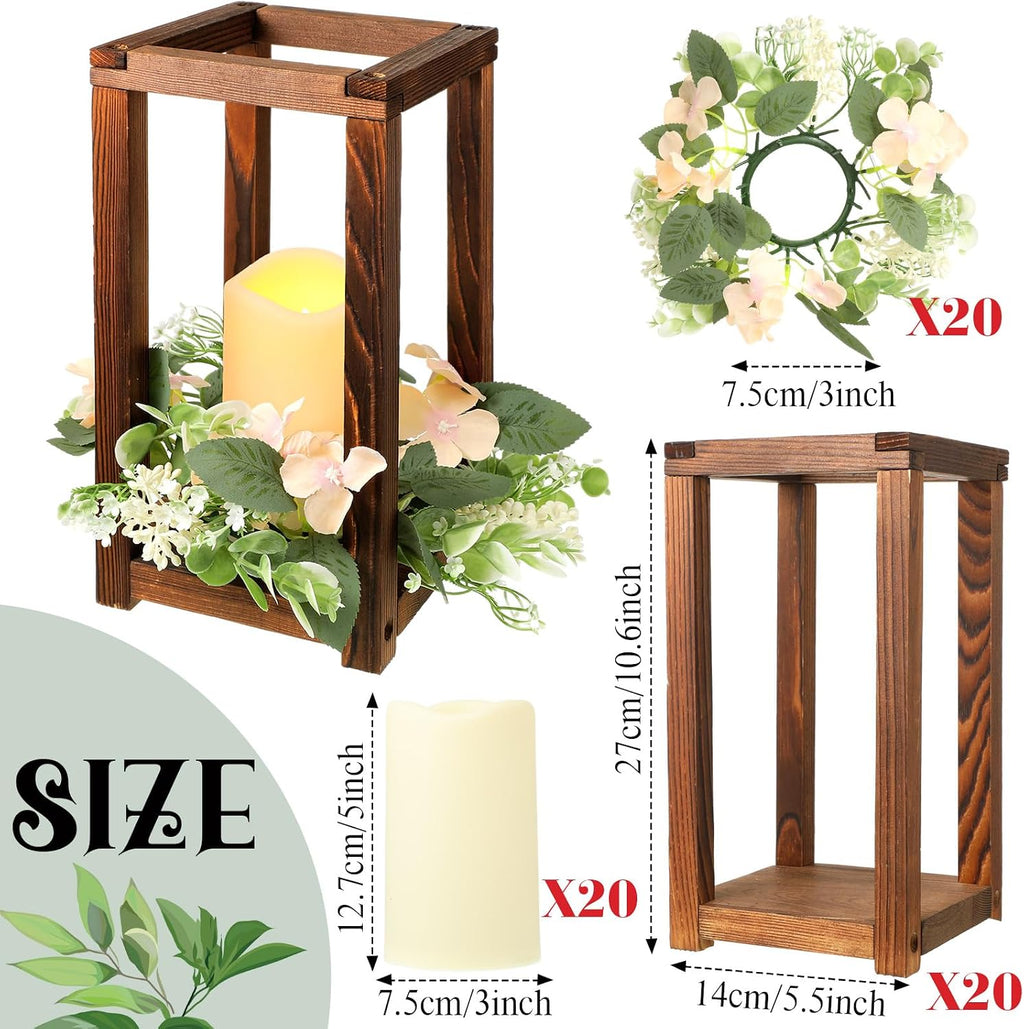 Hushee 60 Pcs Wooden Wedding Lantern Centerpiece Integrated Holders with Candles and Wreaths Rustic Wooden Candle Lantern Decor for Wedding Party Table Valentine Decor (Brown)