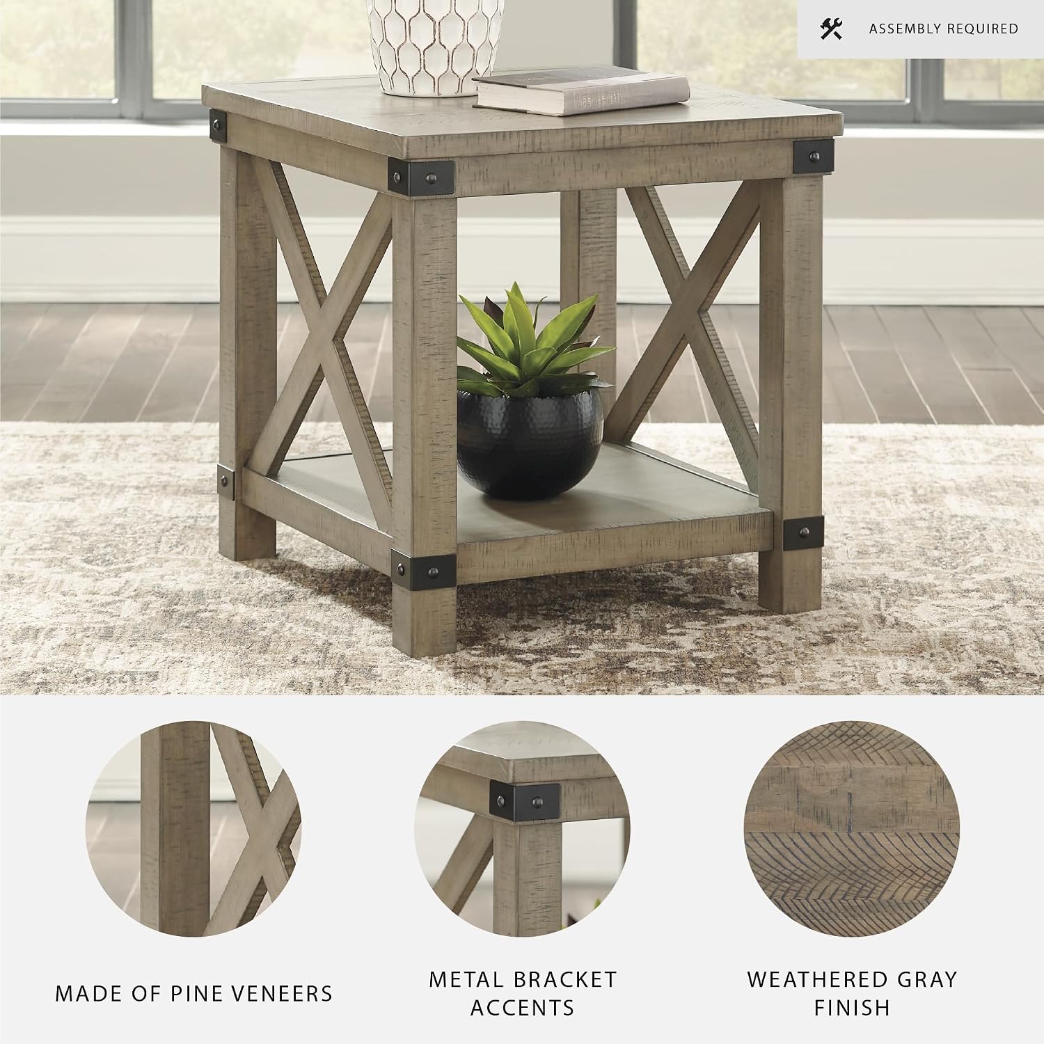 Signature Design by Ashley Aldwin Casual Farmhouse Rectangular End Table with Crossbuck Details, Metal Bracket Accents, Wood, 25' High, Weathered Gray