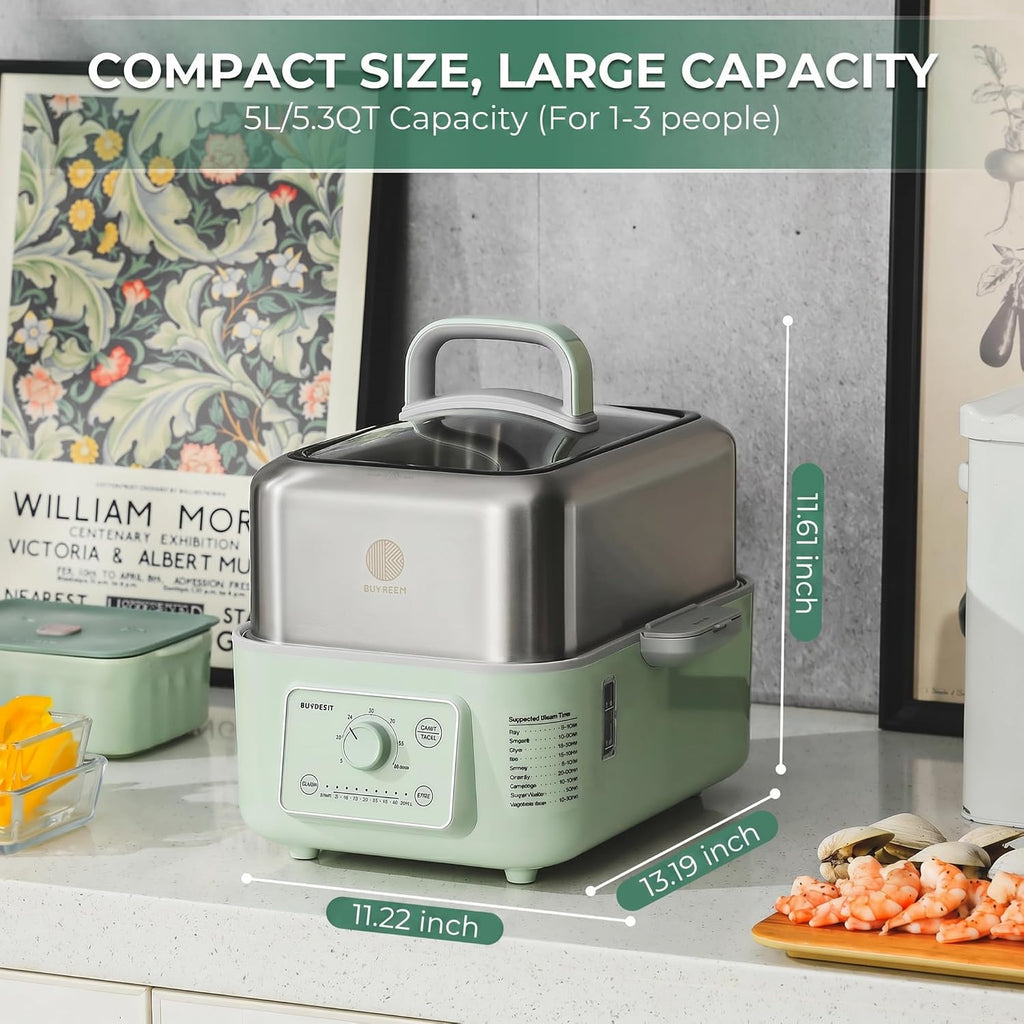 BUYDEEM G52 5.3 Quart Electric Food Steamer for 1-3 Servings, Vegetable Steamer for Cooking, 2-hour Keep Warm, 7 Preset Timings, Dual Boil-Dry Protection, Stainless Steel, Cozy Greenish