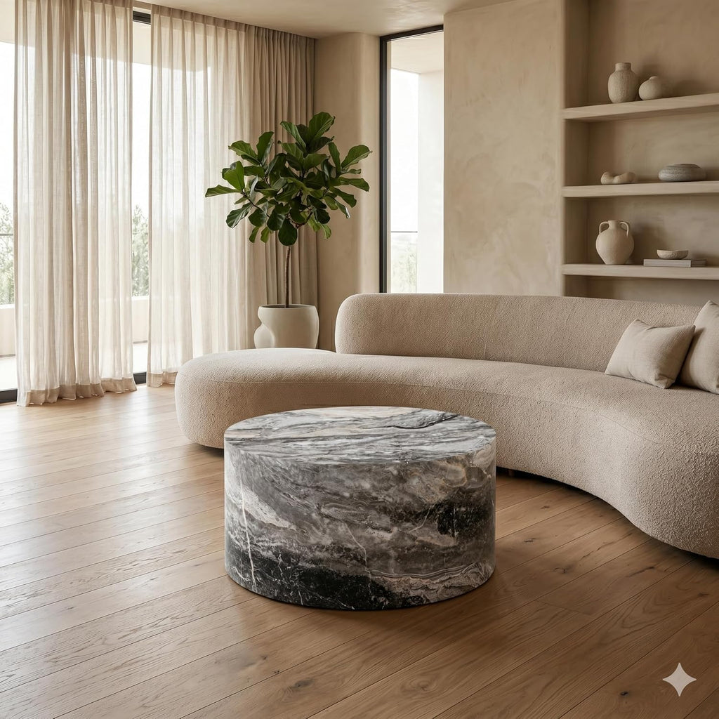 Round Coffee Table Living Room Table - Modern Faux Marble Design with Wood Accents in Grey,No Assembly Required - Ready to Use,Space-Saving