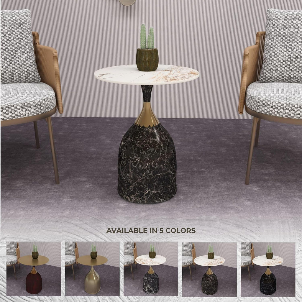 LeisureMod Oslo Modern Round Side Table with Elegant Sintered Stone Top and Sculptural Stainless Steel Pedestal Base, Chic Accent End Table for Living Room, Home or Sofa, Marbled Brown
