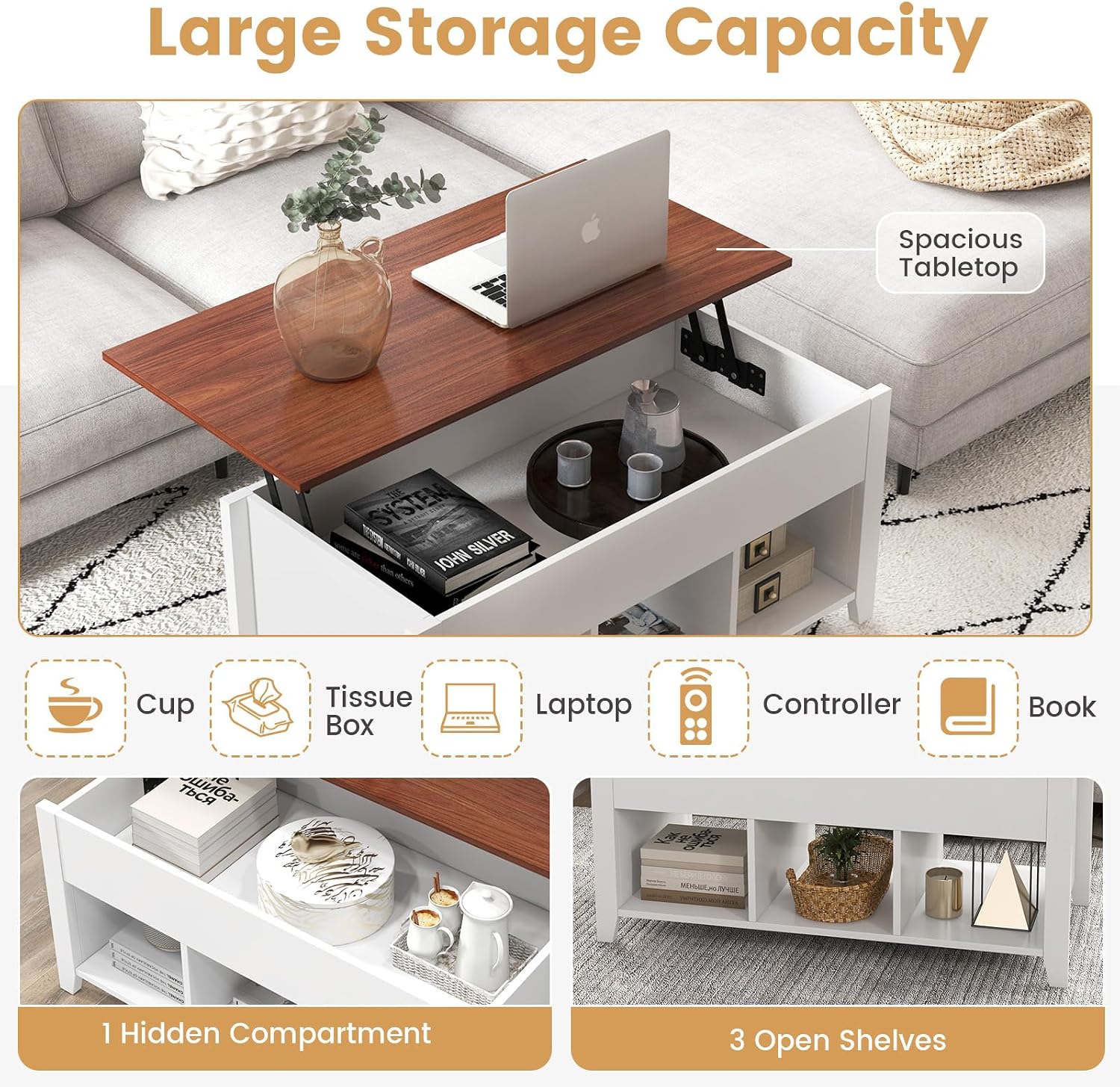 Giantex Lift Top Coffee Table - Rectangular Wooden Table w/Hidden Compartment & Open Storage Shelves, Multifunctional Modern Flip Top Center Table for Living Room, Reception Room, Office (White)
