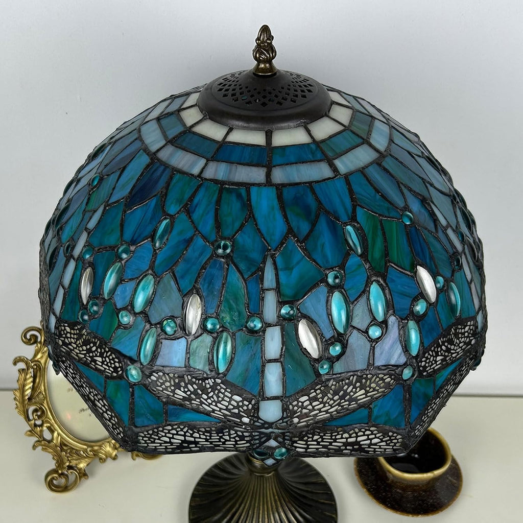 16-Inch Dragonfly Lampshade Replacement, Tiffany Style Stained Glass Lamp Shade Only for Table Lamps Pendant Lamps Floor Lights Ceiling Fixture,Blue