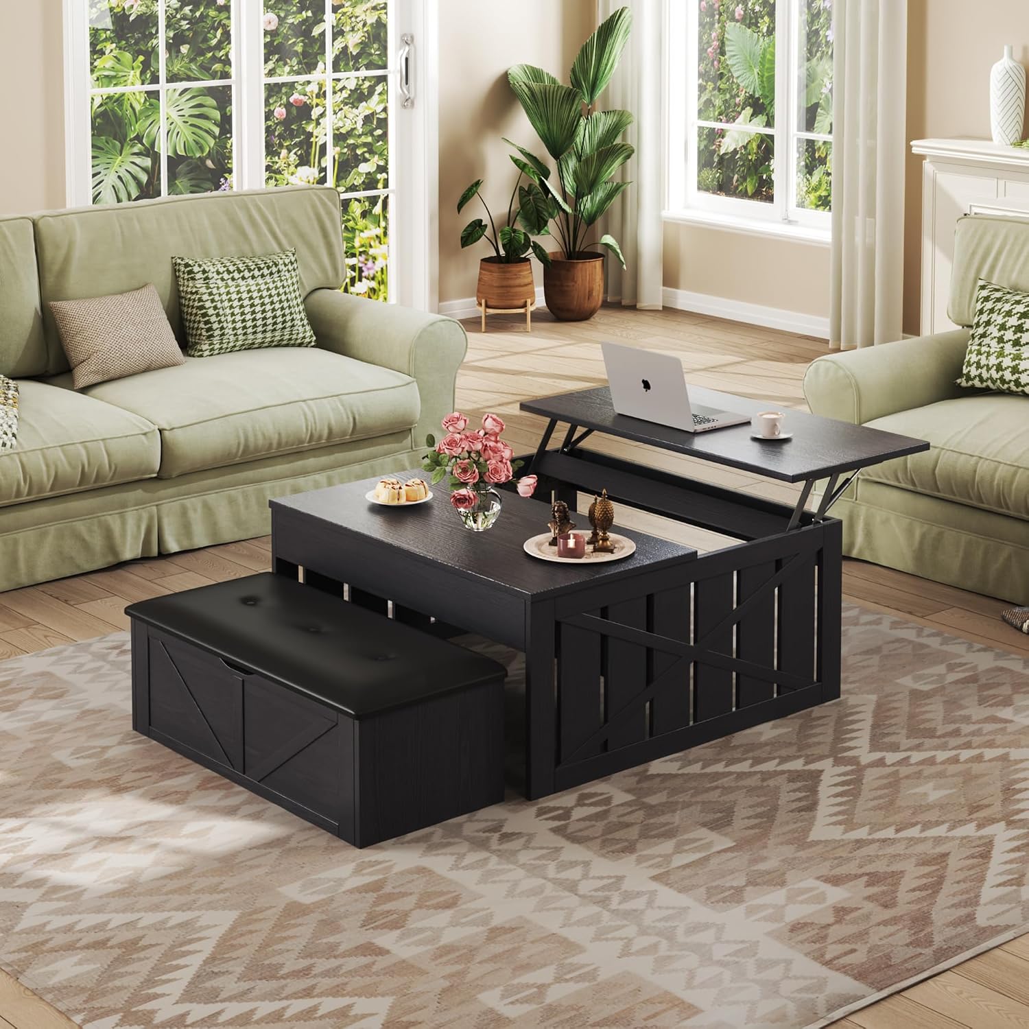 HUAHUU Coffee Table, 31.5 Lift Top Coffee Tables with Storage Hidden Compartment, Farmhouse Coffee Tables with Ottoman Bench, Center Table with Wooden Lift Tabletop for Living Room, Black
