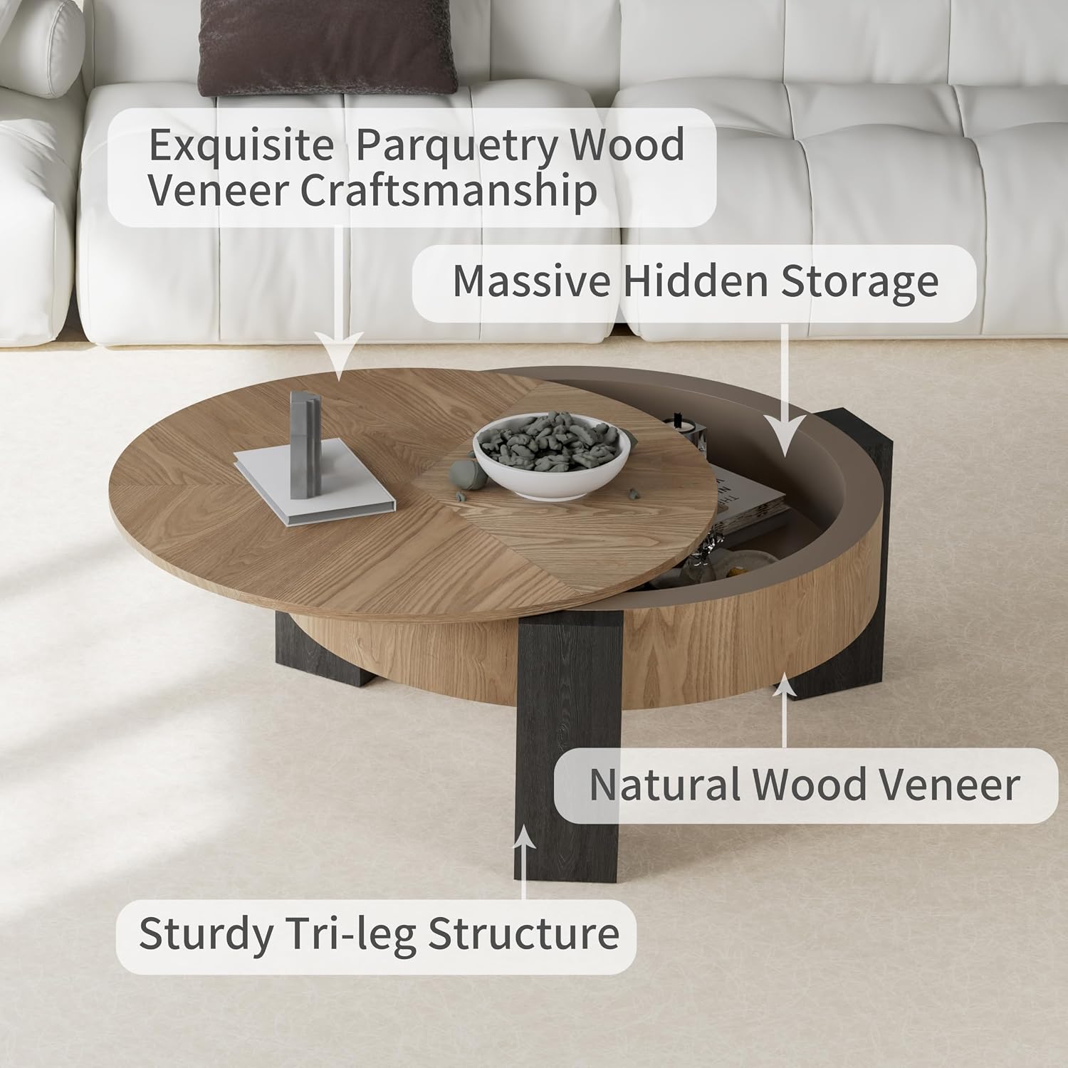 33'' Round Coffee Table with Hidden Storage, Modern Wood Veneer Top, 3 Block Legs Sturdy Center Accent Table for Living Room, Small Space, Natural Wood & Black