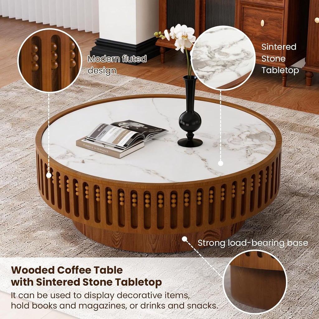 Round Wooden Coffee Table with Sintered Stone Tabletop 35.43' Modern Drum Coffee Table Unique Fluted Center Table for Living Room Office Cafe (35.4' Sintered Stone Tabletop)