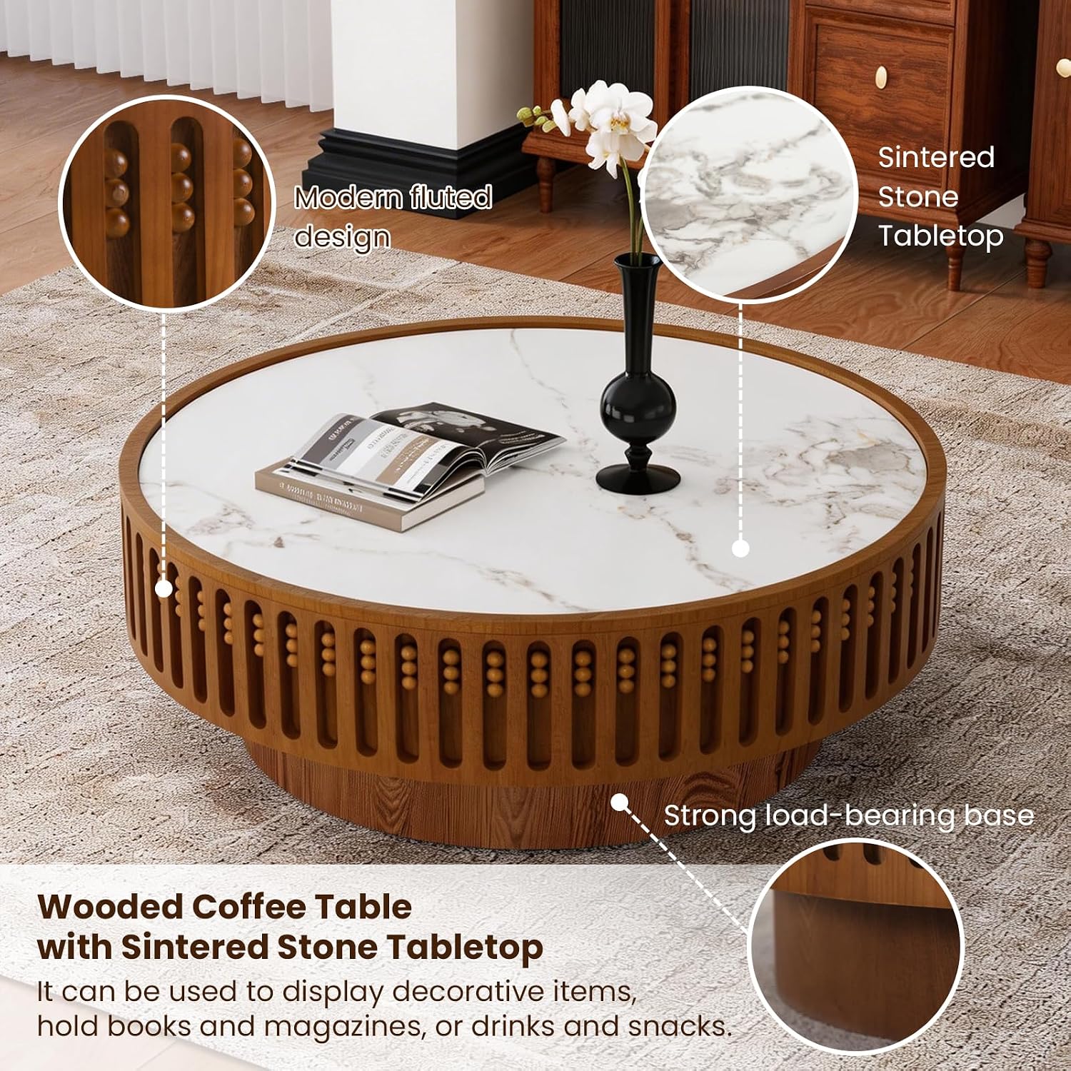 Round Wooden Coffee Table with Sintered Stone Tabletop 35.43' Modern Drum Coffee Table Unique Fluted Center Table for Living Room Office Cafe (35.4' Sintered Stone Tabletop)