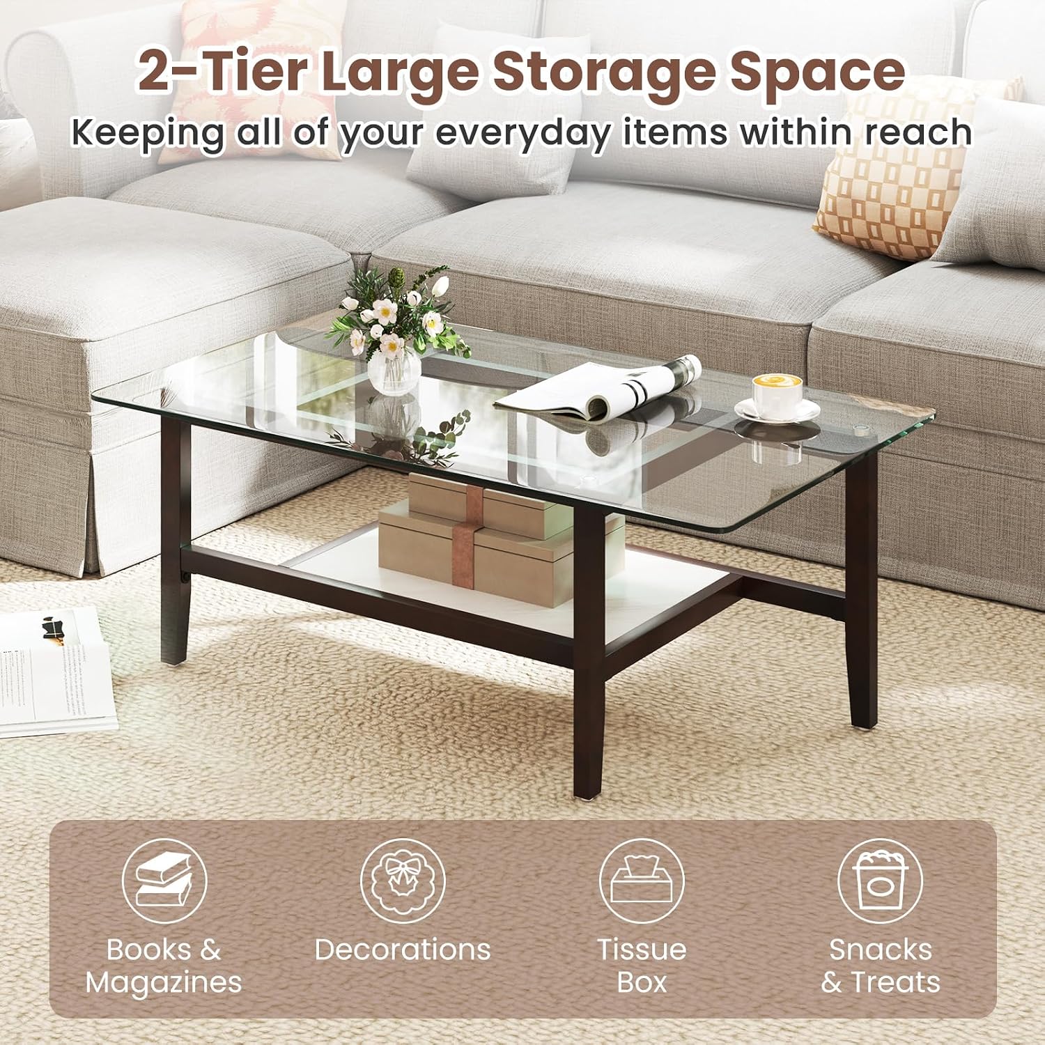Giantex Glass Coffee Table, 42 Inch 2-Tier Rectangular Cocktail Table with Storage Shelf & Solid Rubber Wood Legs, Modern Center Table for Living Room, Home Office, Brown