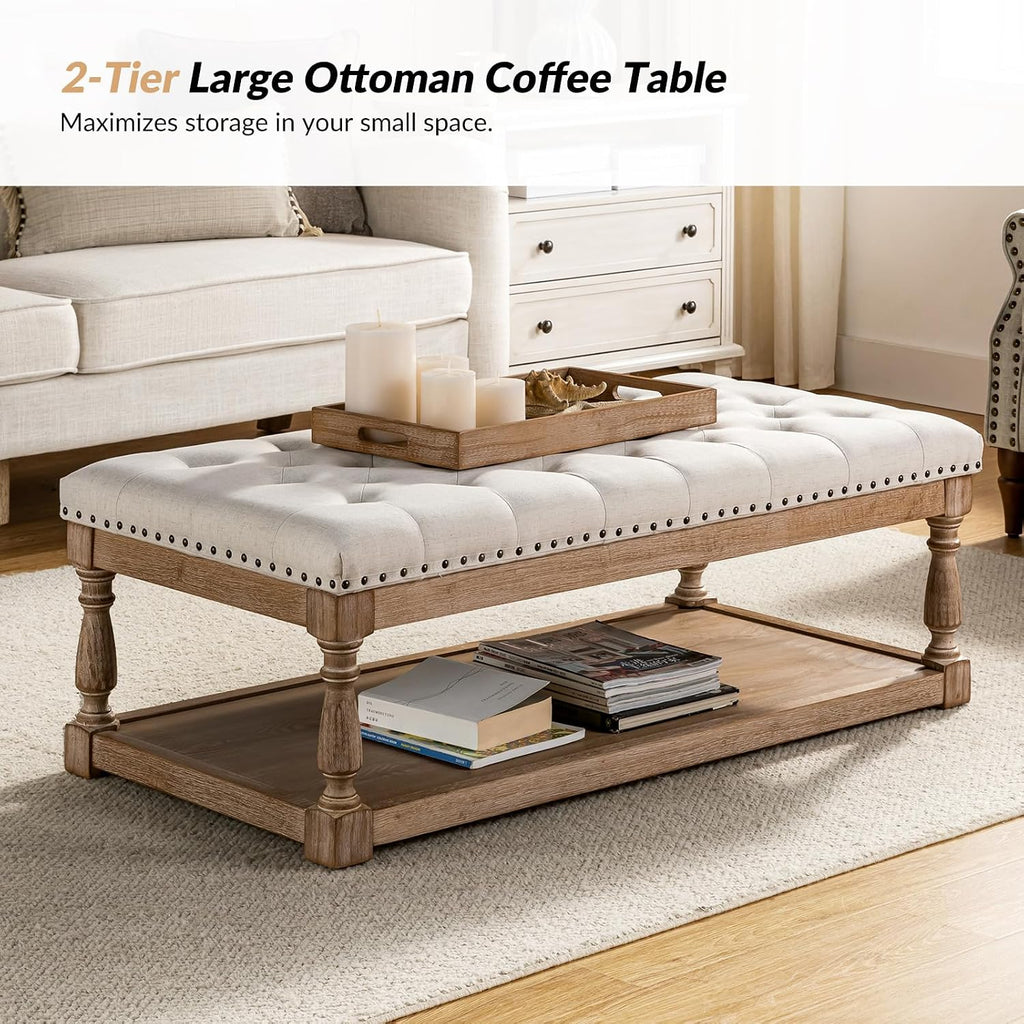 HULALA HOME Rectangle Ottoman Coffee Table with Tray, Tufted Living Room Ottoman with Solid Wood Storage Shelf, Ivory