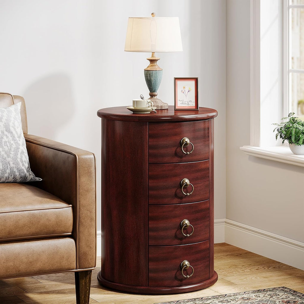 Tribesigns Solid Wood End Table, Round Side Table with 4 Drawers, Vintage Bedside Table Nightstand for Small Spaces, Living Room, Bedroom, No Assembly Required (1, Cherry Brown)