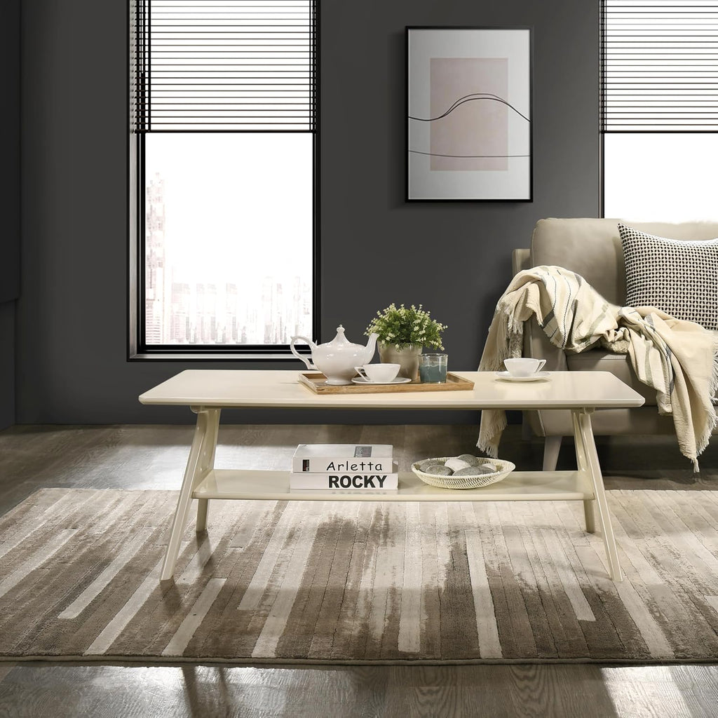 Roundhill Furniture Arona Mid-Century Modern Wood Shelf Coffee Table, Off-White Finish