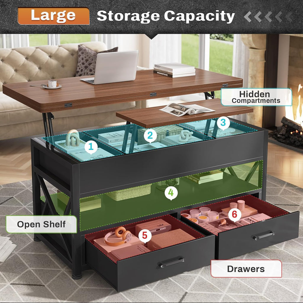 Itaar 40' Lift Top Coffee Table, 4 in 1 White Coffee Tables with Storage for Living Room, Small Coffee Table with 2 Drawers & LED Light for Dining Room, Black+Brown